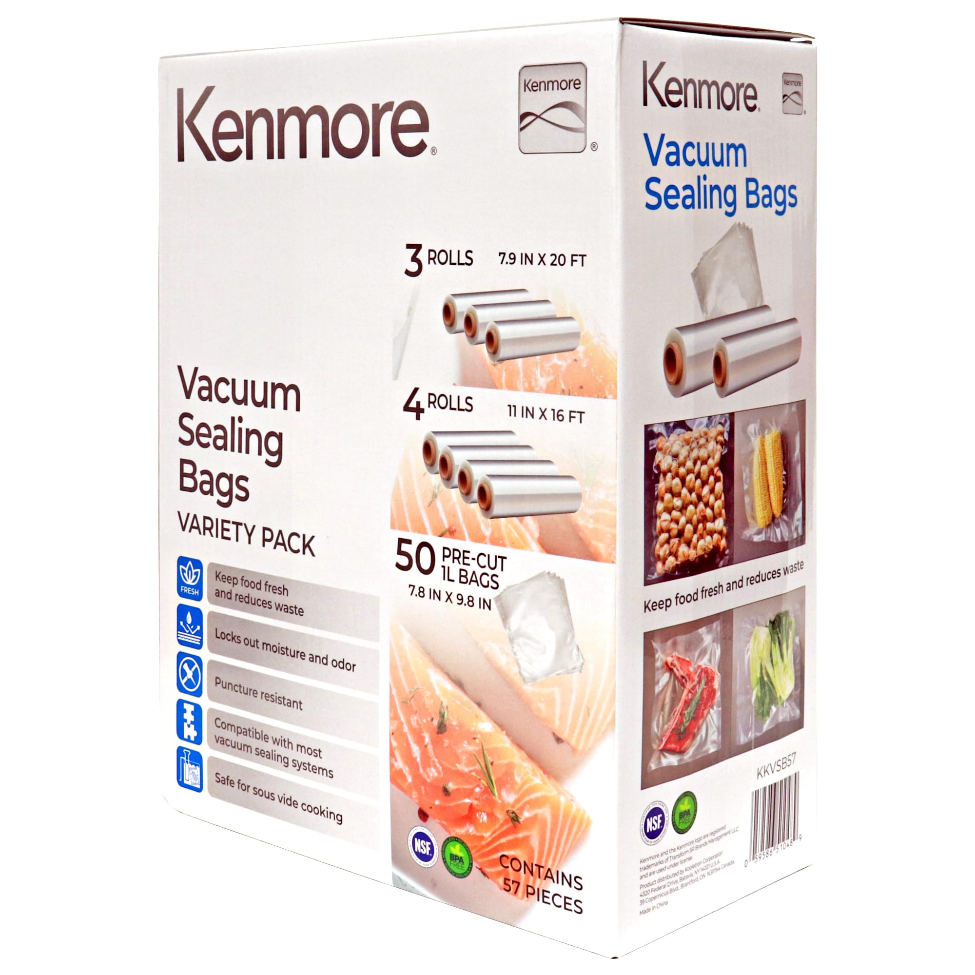 Kenmore Lot de 57 sacs et rouleaux d'emballage sous vide (50 litres 20,3 x 25,4 cm, 3 rouleaux de 20,3 cm x 6,1 m, 4 rouleaux de 27,9 cm x 4,8 m), design universel, sacs texturés à fermeture