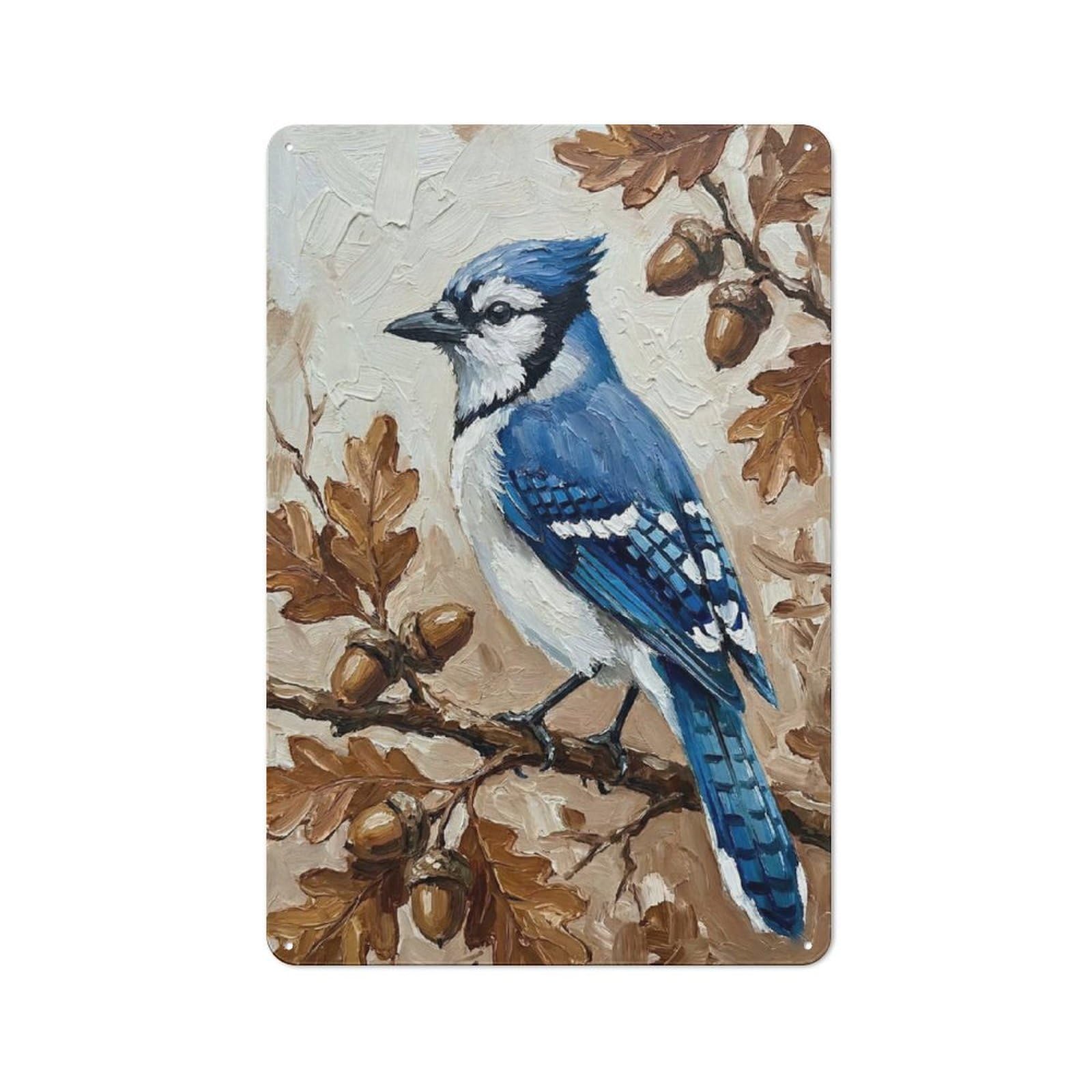 Junmoney Style-8 Vintage Tin Sign 30X20cm With Blue Jay On Oak Branch With Acorns For Hobby Room Or Studio, A Decorative Christmas Gift For Hobby Room Decor Fans