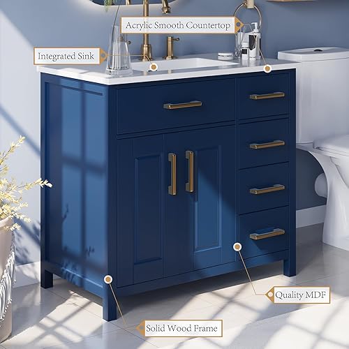 Miniatura 4 de Combinación de tocador de baño de 36 pulgadas con lavabo, moderno juego de gabinete de baño individual pequeño, incluye encimera de 37 pulgadas y