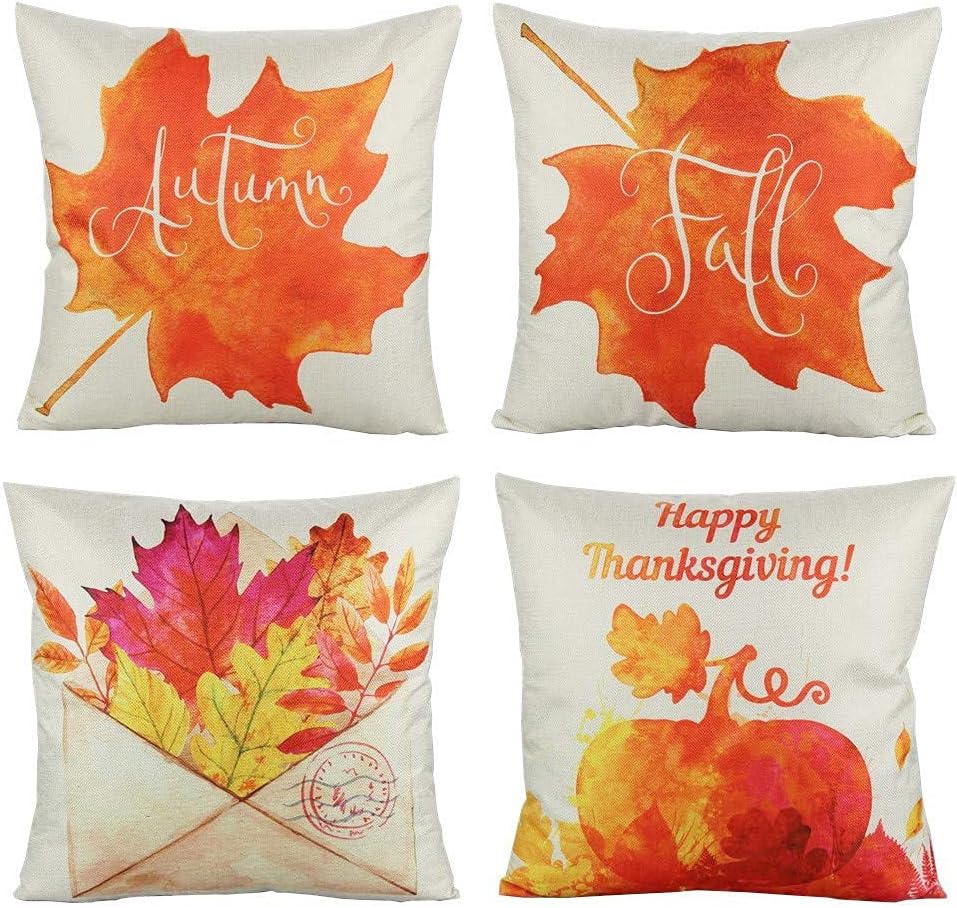 VAKADO Thanksgiving Fall Decor Throw Pillow Covers Autumn Pumpkin Front Porch Decorative Maple Festival Harvest Leaves Cushion Home Outdoor Decorations for Couch Sofa 18x18 Set of 4
