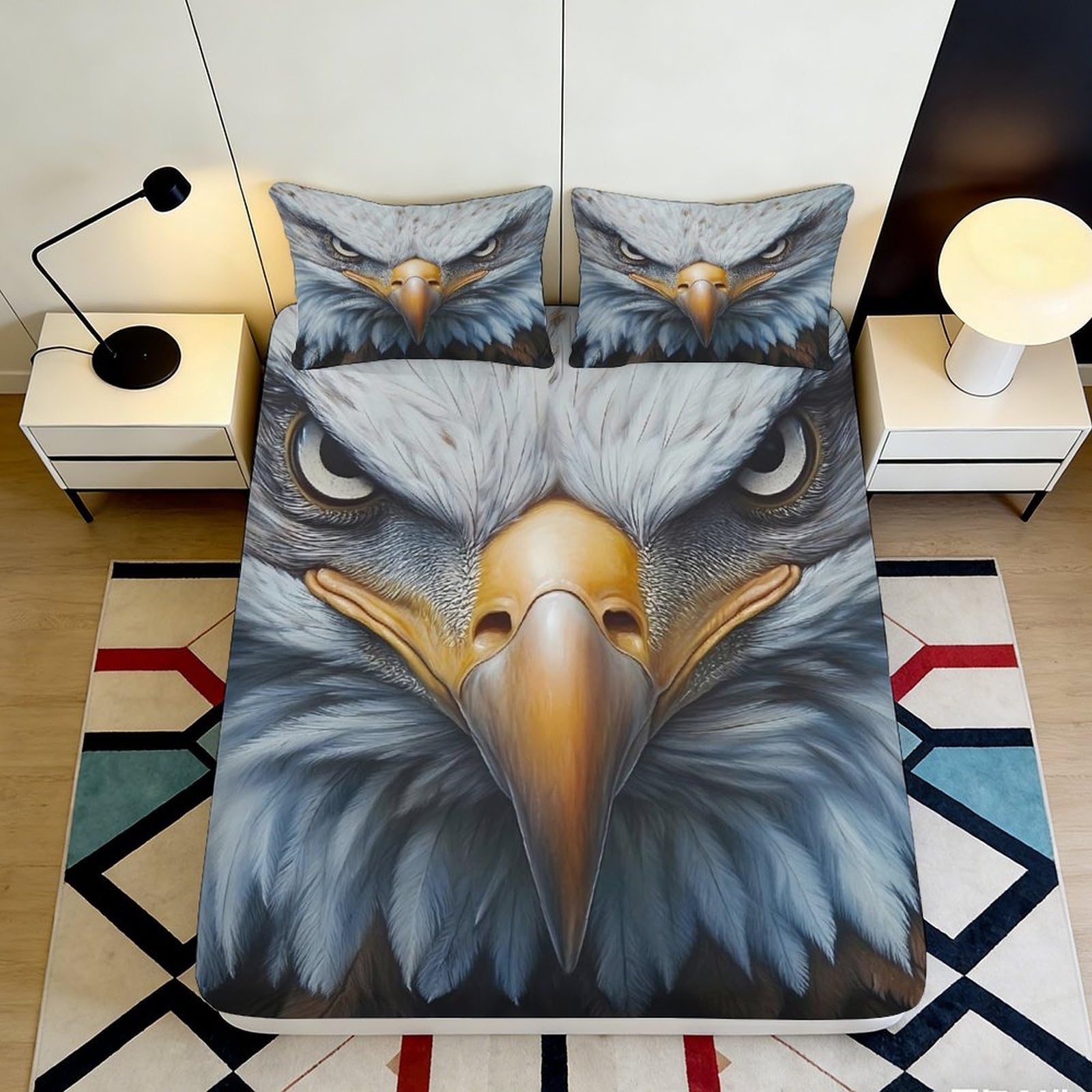 3D Printed Eagle Face Fitted Sheet Microfiber Soft Durable Realistic Bird Mattress Cover for Bedroom Dormitory Guest Room Mattress Protection Decor 160x200x25cm