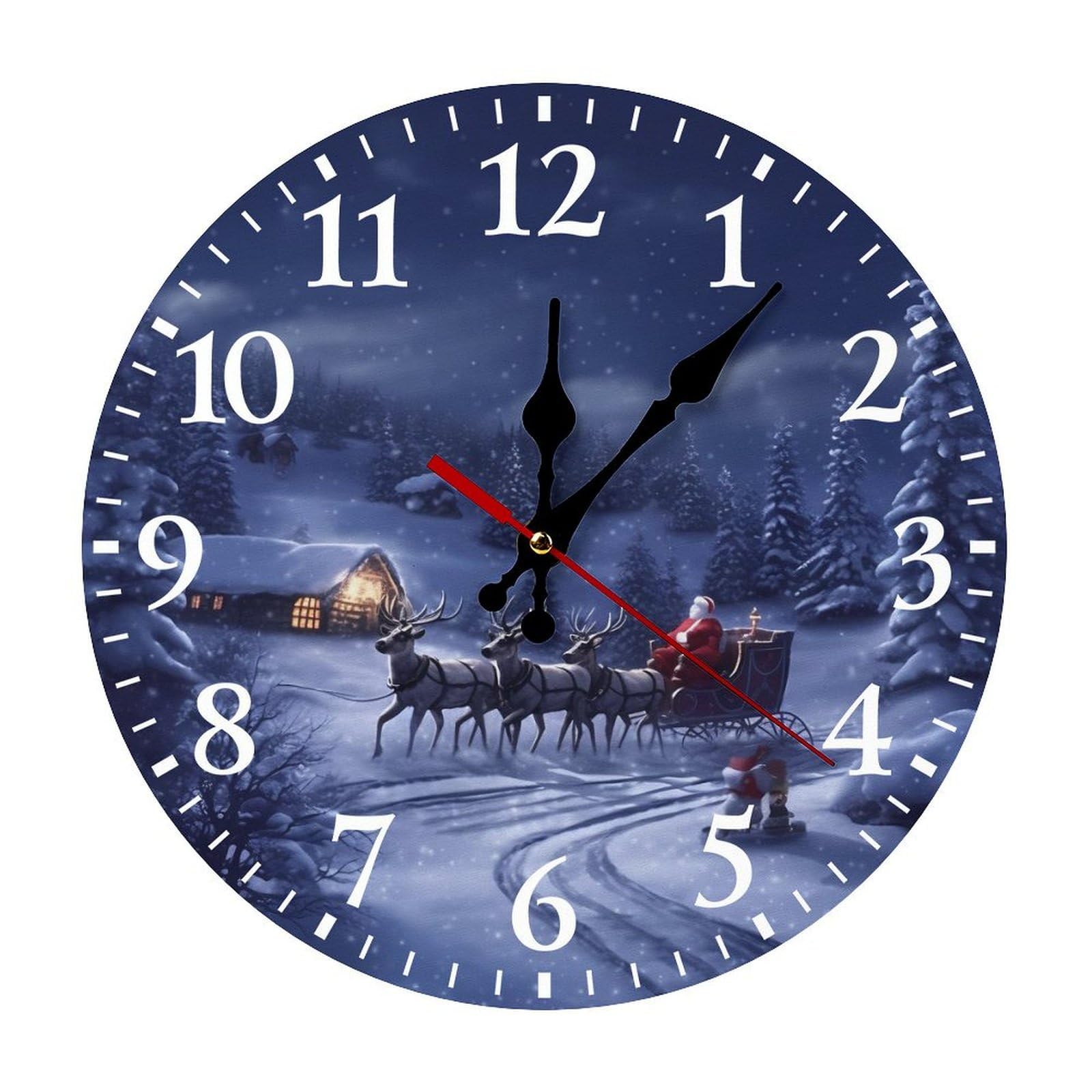 NTVOWPZO 10 Inch Wall Clock Snow Night Santa and Deer Battery Operated Wall Clocks Silent Non-Ticking Round Wall Clock for Living Room Kitchen Home Office Wall Decorative Clock