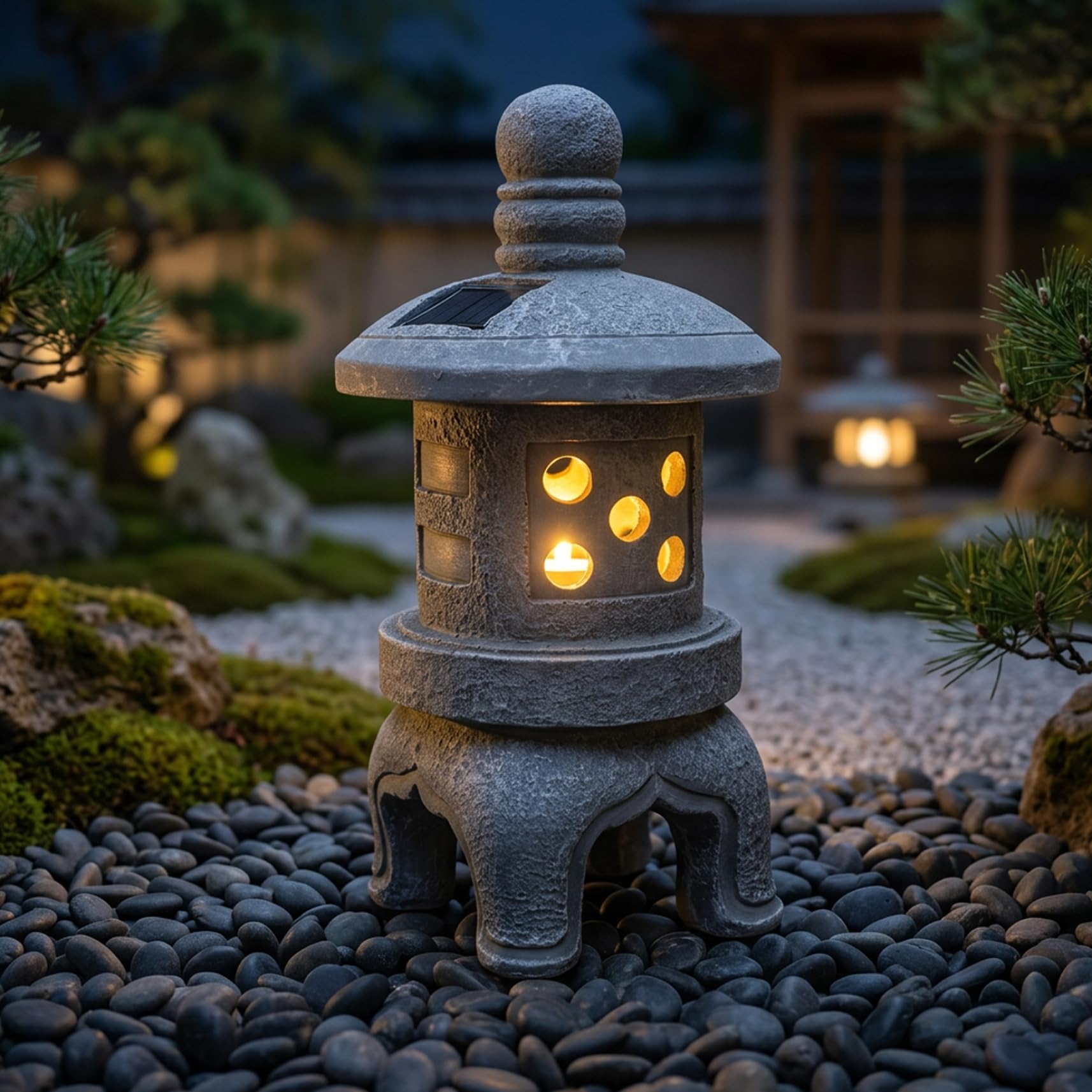 Faticenic Japanese Garden Decor Solar Pagoda Light, Outdoor Stone Finish Pagoda Garden Statue with Auto On/Off for Patio Yard, Japanese Decor, Décor