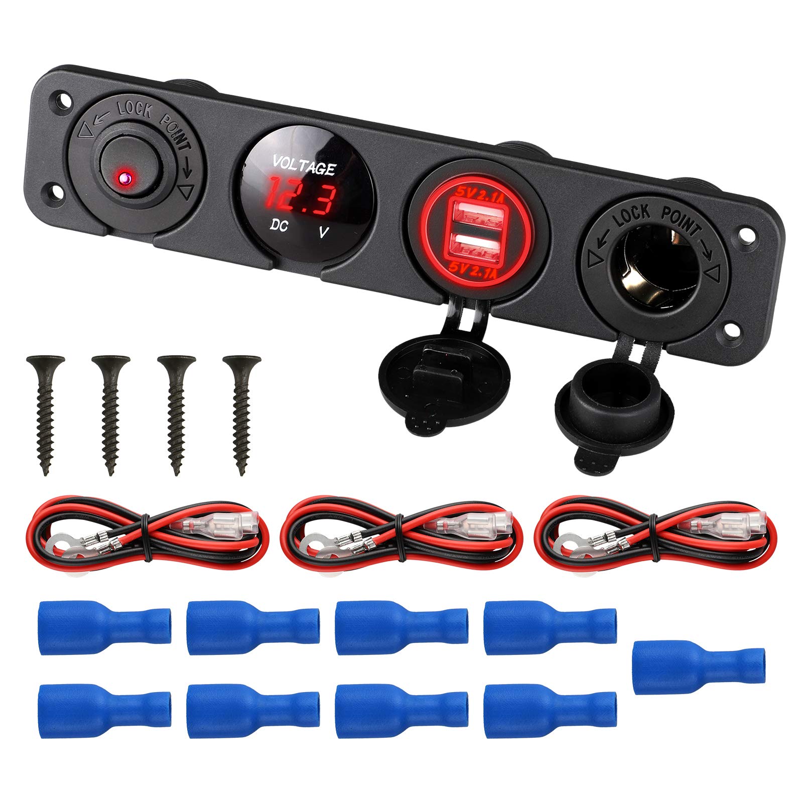 Linkstyle 4 in 1 Marine Switch Panel, 12V 4.2A Dual USB Charger Socket Power Outlet & LED Voltmeter & Cigarette Lighter Socket & LED Lighted ON Off Rocker Toggle Switch for Truck Car Marine Boat RV