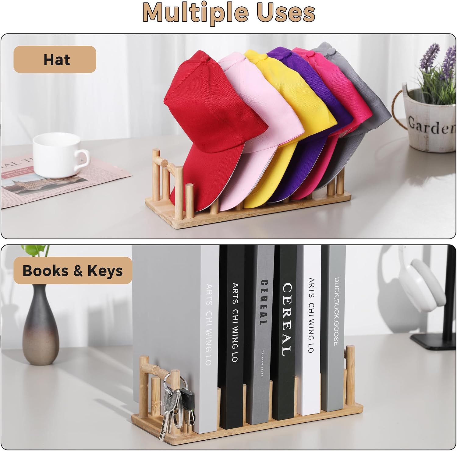 2pcs Bamboo Organizer for Hat Stand for Baseball Caps, Free Standing up Hat Holder for 18 Baseball Caps for Closet, Bedroom, Dresser