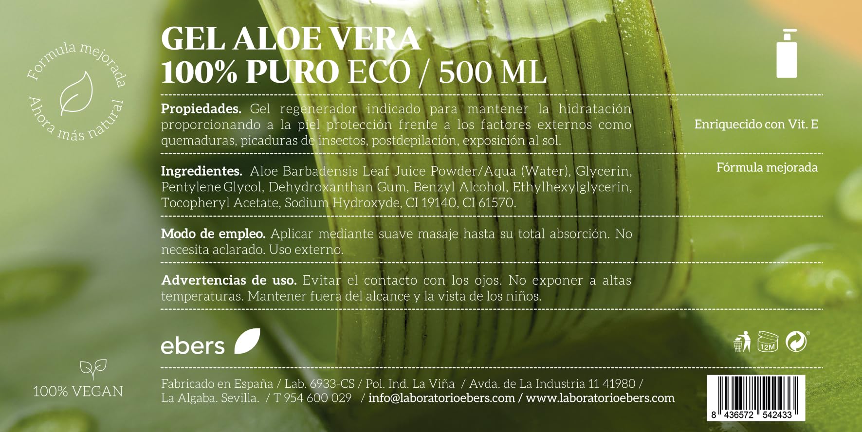 Ebers Aloe Vera Gel 100% Puro 500 Ml con dosificador - Excelente hidratante Rostro y Cuerpo, Aftersun, Depilación y Quemaduras.