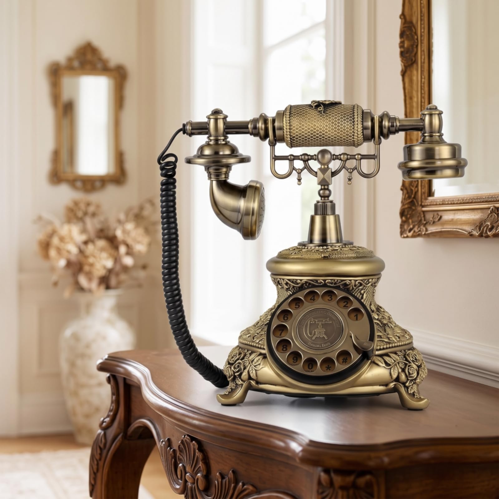 Telefono Antico in Resina Bronzato Telefono a Disco Funzionante Decorazione da Scrivania per Collezionisti, Soggiorno, Ufficio, Scenografia