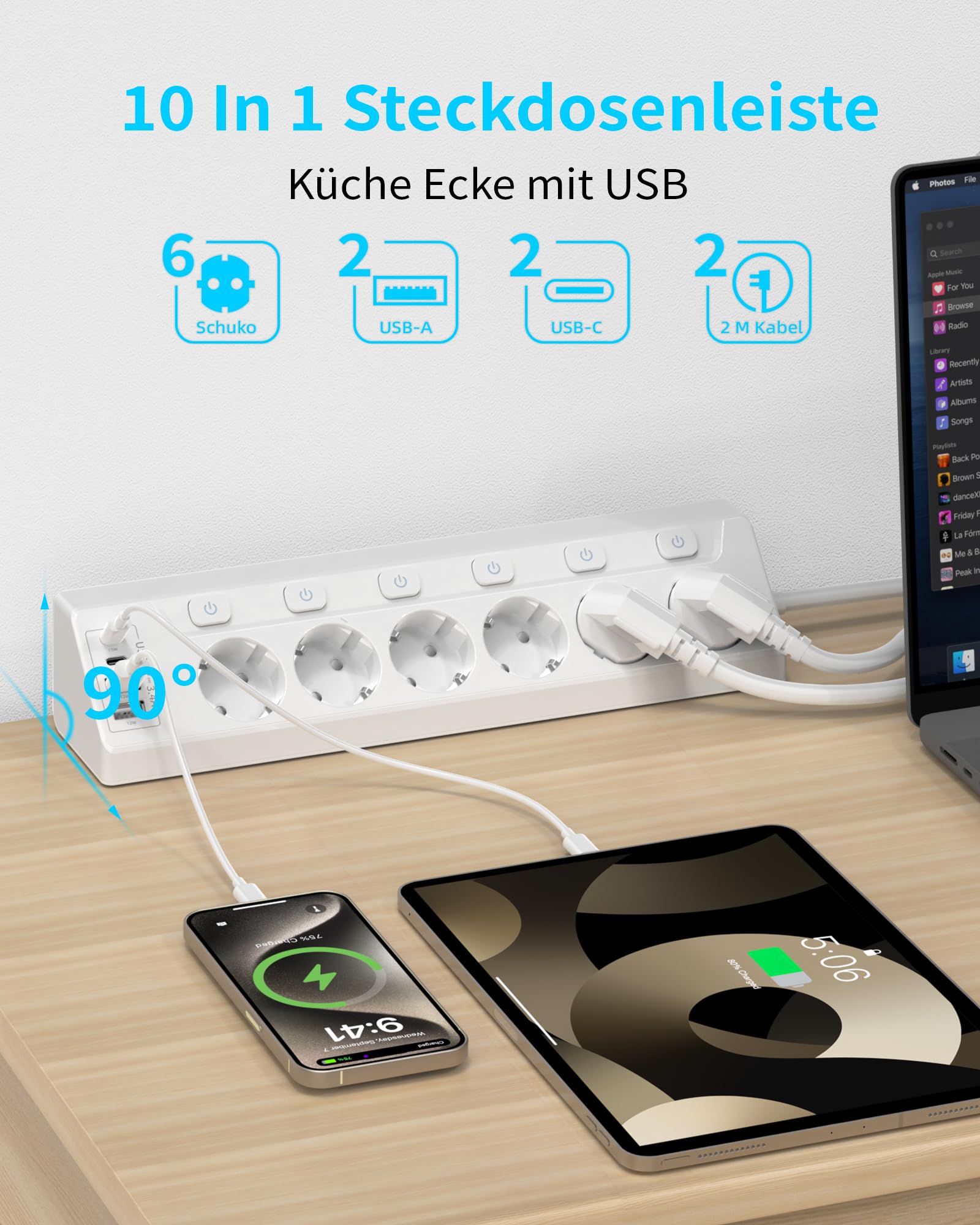 Ciabatta elettrica angolare con protezione da sovratensione, con USB C, 6 prese, presa multipla da tavolo con cavo da 2 m (3680 W, 16 A), montaggio a parete, per cucina, casa, ufficio