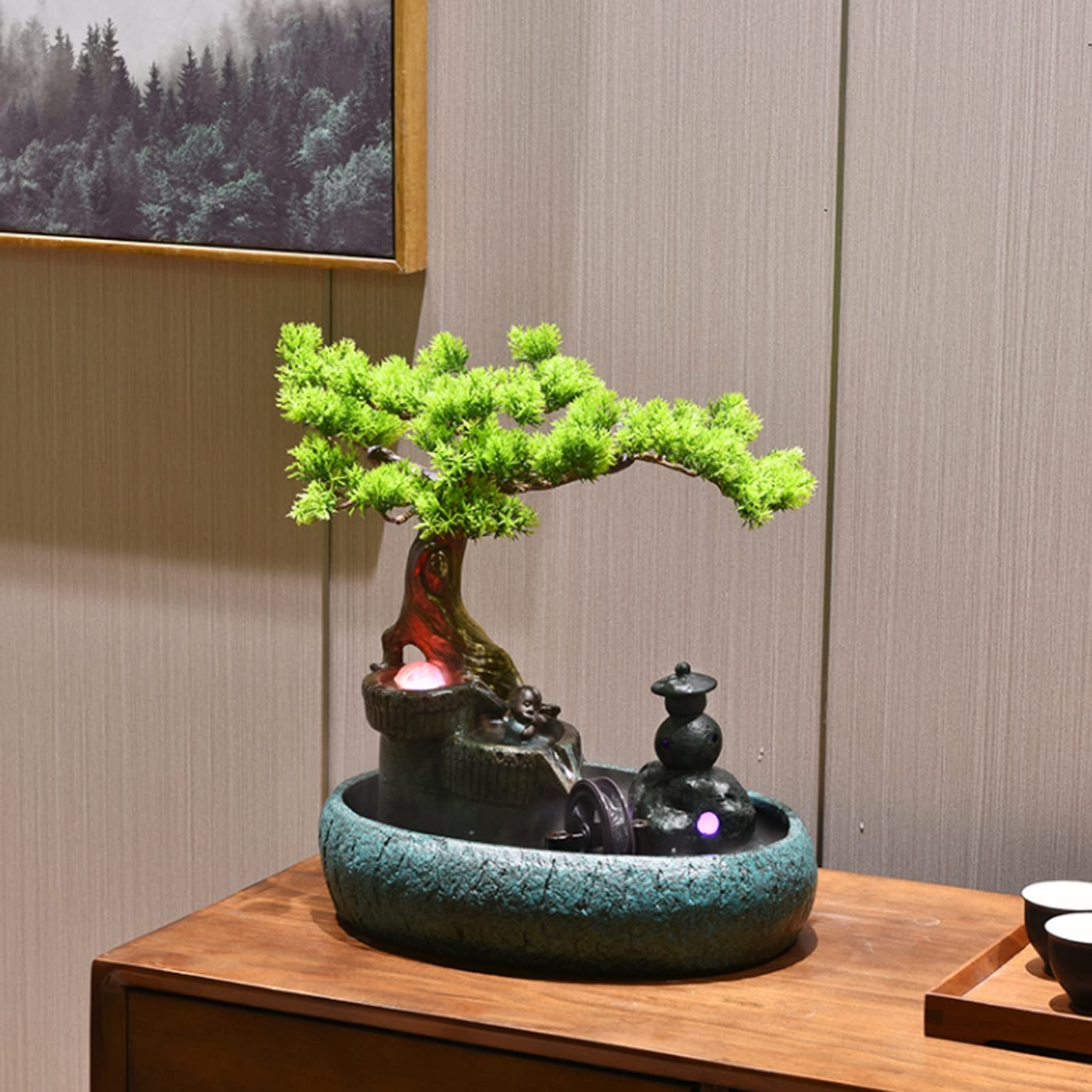Decorazione per la Meditazione, Fontana da Tavolo in Ceramica, Design Artificiale con Bonsai, Fontana, Cascata, Ornamenti da Tavolo per la casa, Soggiorno, Ufficio, Decorazione PE