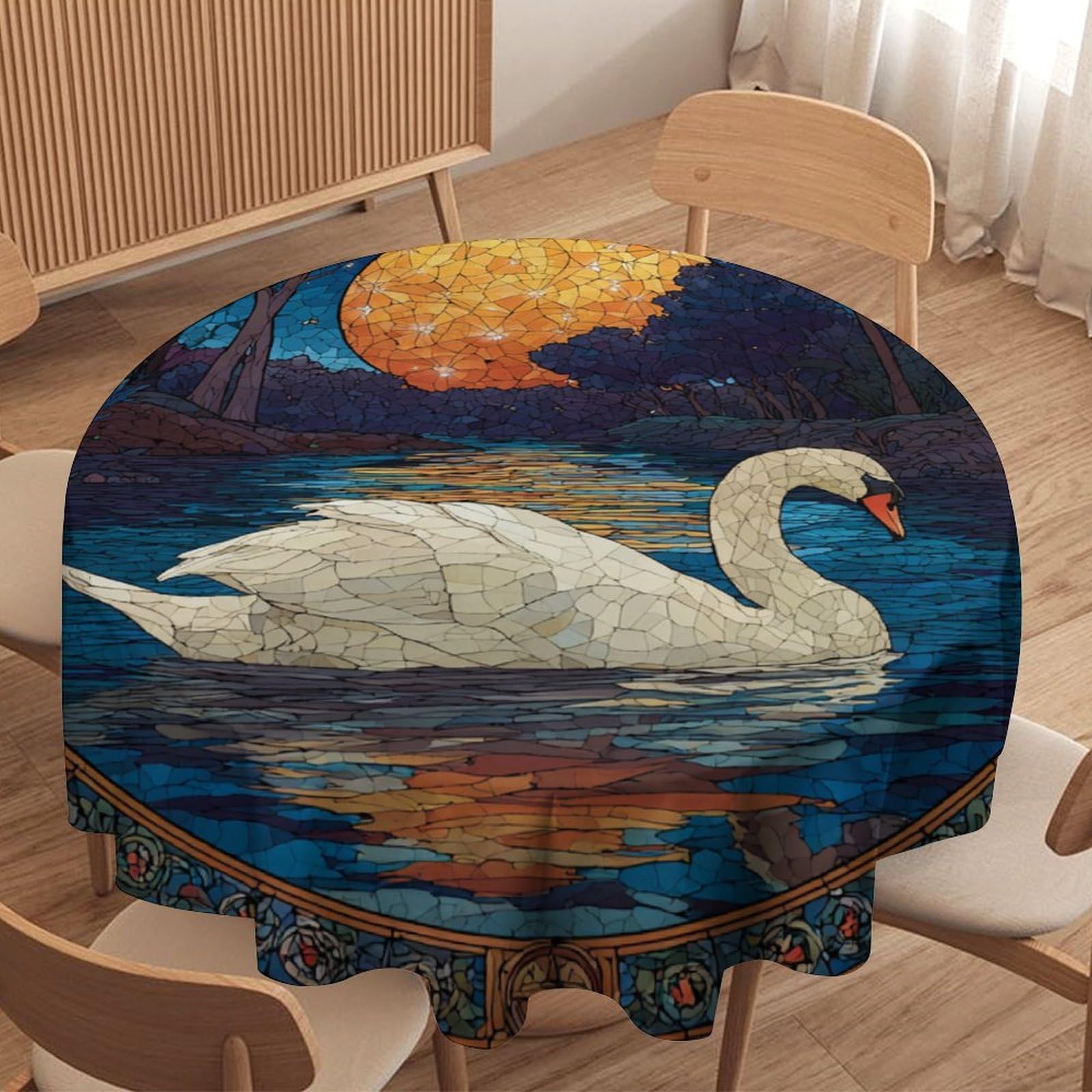 LUYYSKY Vintage Realistic Elegant Swans Round Tablecloth Classic Fantasy Full Moon Animals Swans Lake Pattern Washable Decor for Table Cover for Kitchen-91.4" Wx91.4 L cm