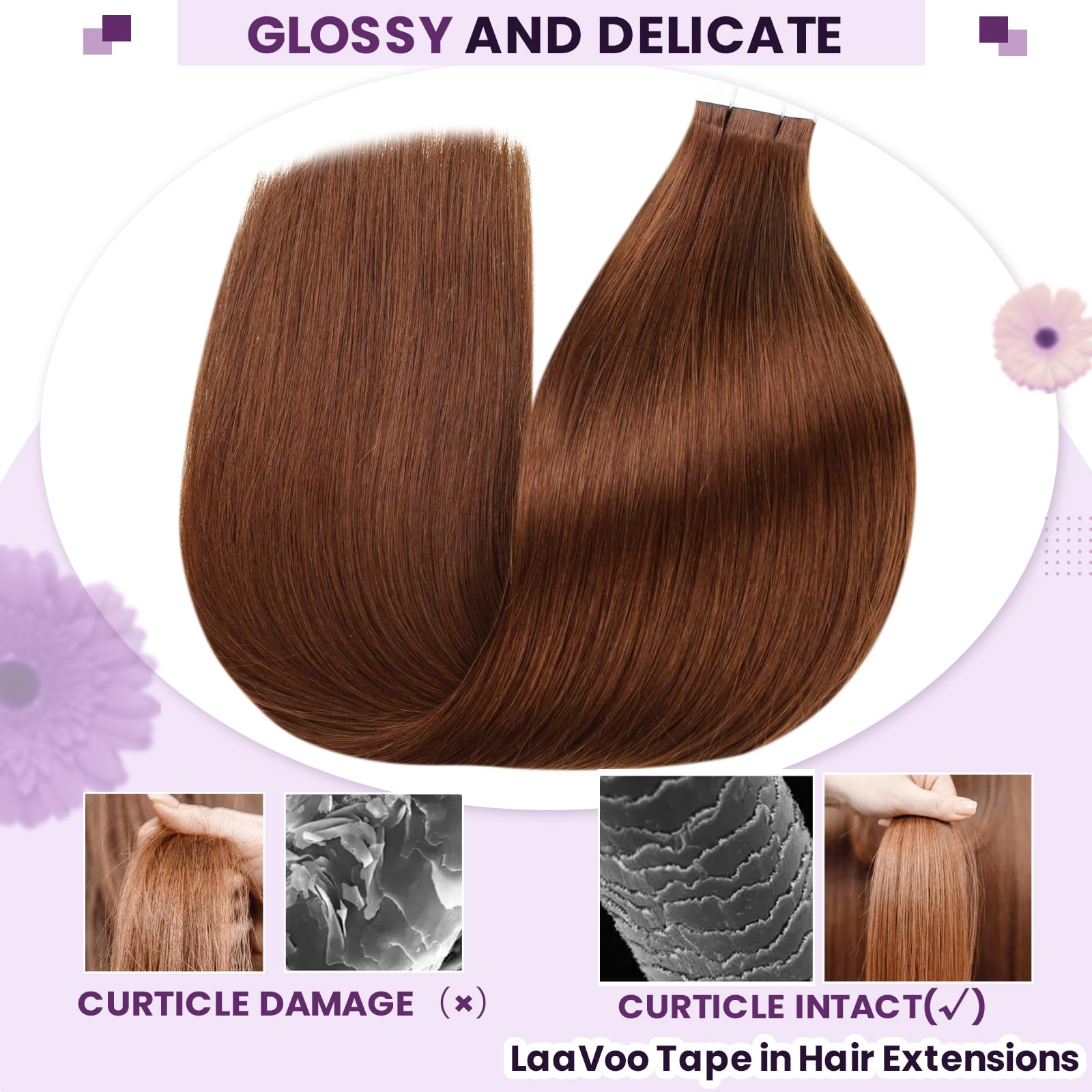 LaaVoo Tape in Hair Extensions Human Hair 50g Tape Hair Extensions Real Human Hair Invisible Tapes Remy Straight Red Brown Hair Double Sided Tabs 20pcs 14 Inch #33 - Image 4