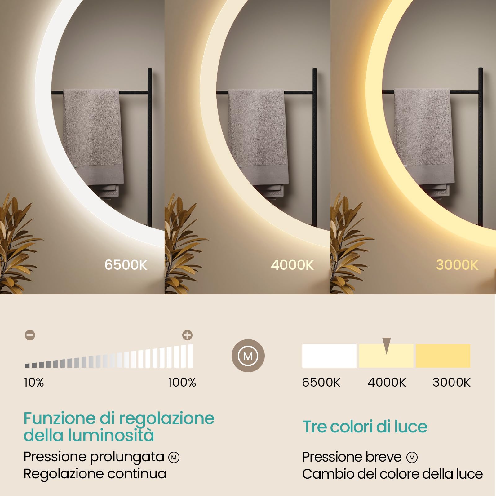 EMKE Specchio da bagno Rotondo 60x60 cm – Anti-Appannamento, Specchio bagno con luce con 3 tonalità di colore, luminosità regolabile, memoria, spegnimento automatico dopo 3 h, specchio LED