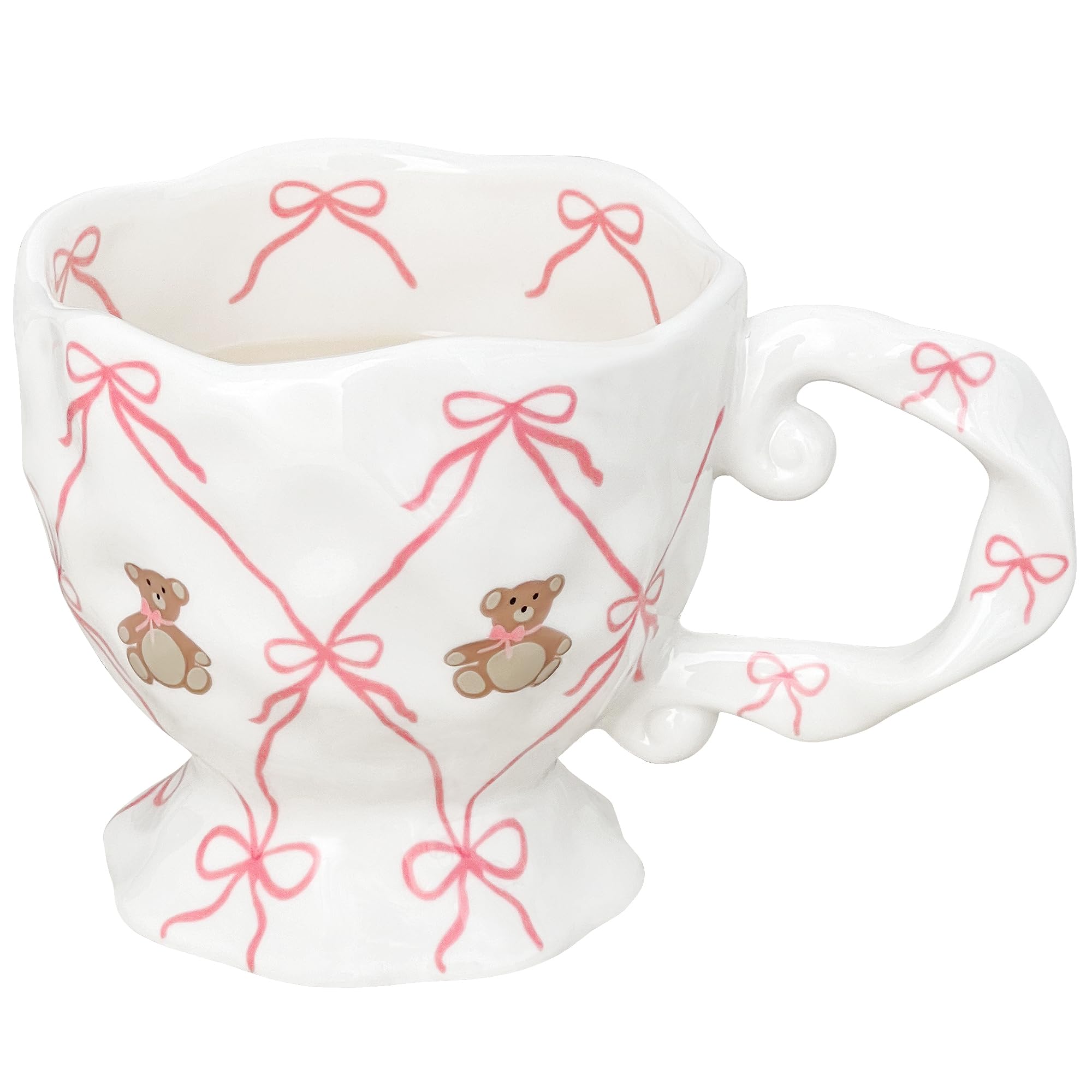 Ceramic Coffee Mug with Pink Bow Cute Bear, Handmade Kawaii Water Cup for Tea Milk Latte Cocoa 14 oz/410ml Funky Novelty Mug Birthday Valentine Gifts for Women and Girls