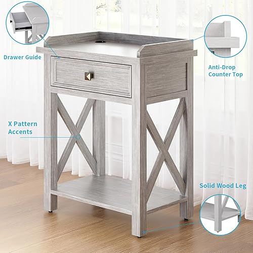 Miniatura 6 de karlott Mesita de noche alta con estación de carga, mesita de noche de madera de 22 pulgadas con cajón, mesita de noche con almacenamiento y