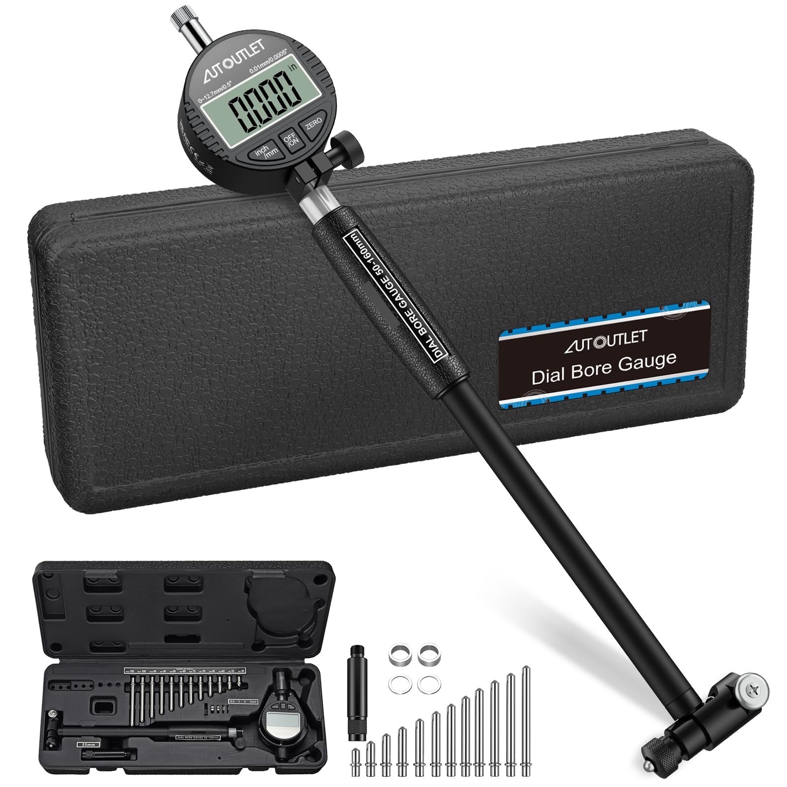 AUTOUTLET Bohrungslehre Messuhr Set 50-160mm, Digitales Bohrungsmessgerät Innenmessgerät Hohe Präzision 0,01mm Innendurchmesser Messuhren mit 12 Sonden & Box, Dial Bore Gauge Industriemesswerkzeug