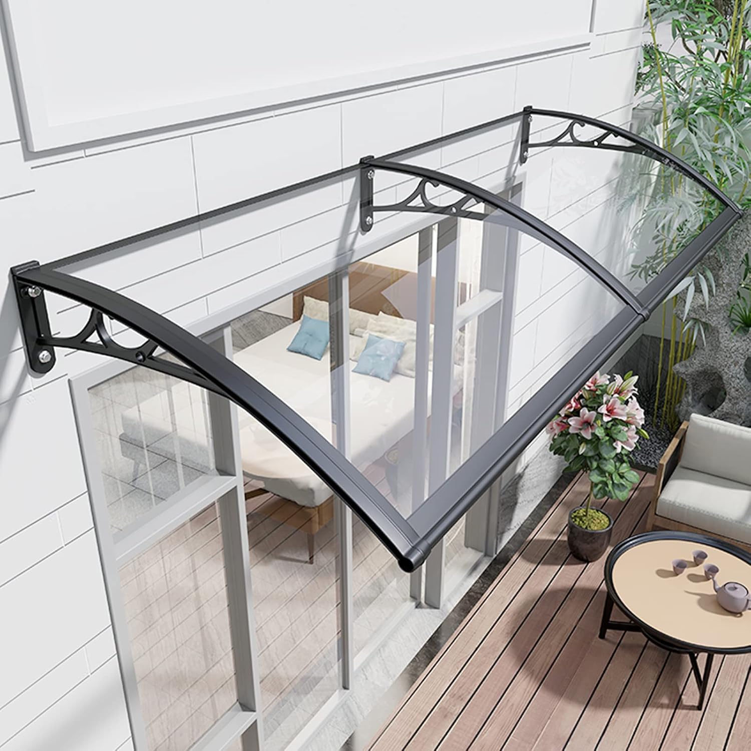 Front Door Canopy Metal Window Awning Porch Awning,Door Awning Outdoor Awning Polycarbonate Cover with Black Aluminium Bracket,Uv Rain Snow Protection,for Shop,Home (100x80cm/39 x31)