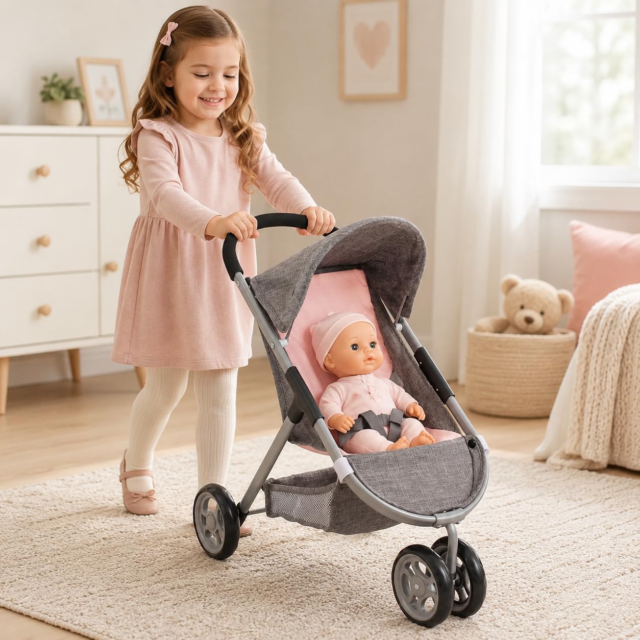 Bayer Chic 2000 Cochecito para muñecas Speedy – Melange Gris y Rosa – Adecuado para muñecas de hasta 46 cm – Altura del Deslizador: 58 cm