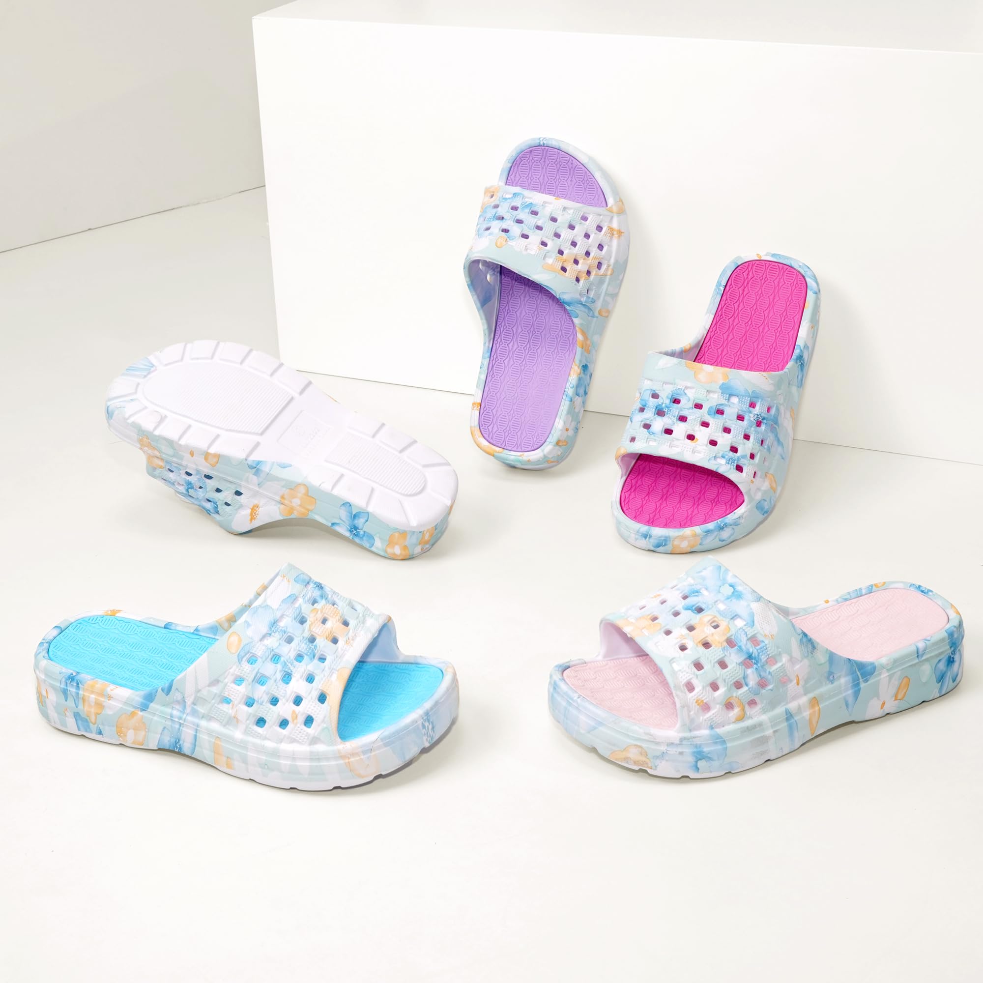 JOMIX Claquettes Femme avec Motif Floral Mules Sandales Semelle Épaisse en EVA Pantoufles de Bain Antidérapantes pour Plage Piscine Maison