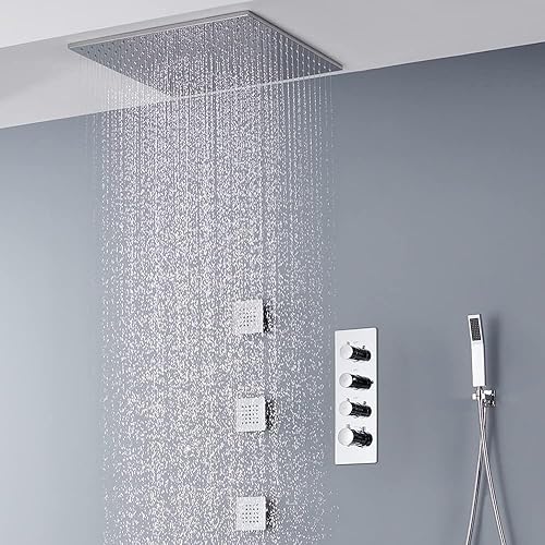 MONDAWE Cabezal de ducha de techo con asa, sistema de ducha de cuerpo completo con 3 chorros, accesorios de ducha de cascada cuadrado para baño en