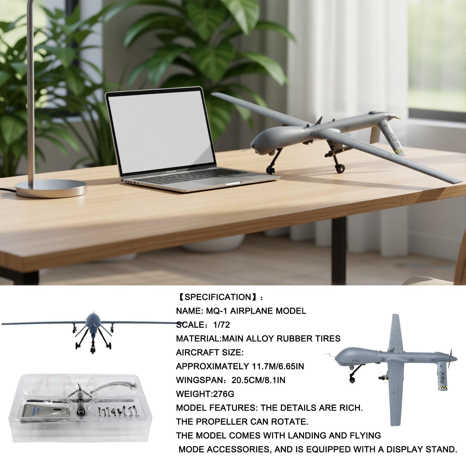 Model wojskowego drona MQ-1 w skali 1:72, odlewany z dużą dbałością o szczegóły, z obrotowymi śmigłami, zdejmowaną podstawką na broń, kolekcjonerski prezent dla entuzjastów wojskowości