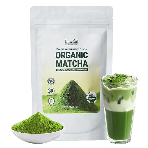 Emerail - Polvo de matcha orgánico, certificado por USDA, polvo de té verde matcha puro, grado culinario premium, perfecto para batidos con leche y