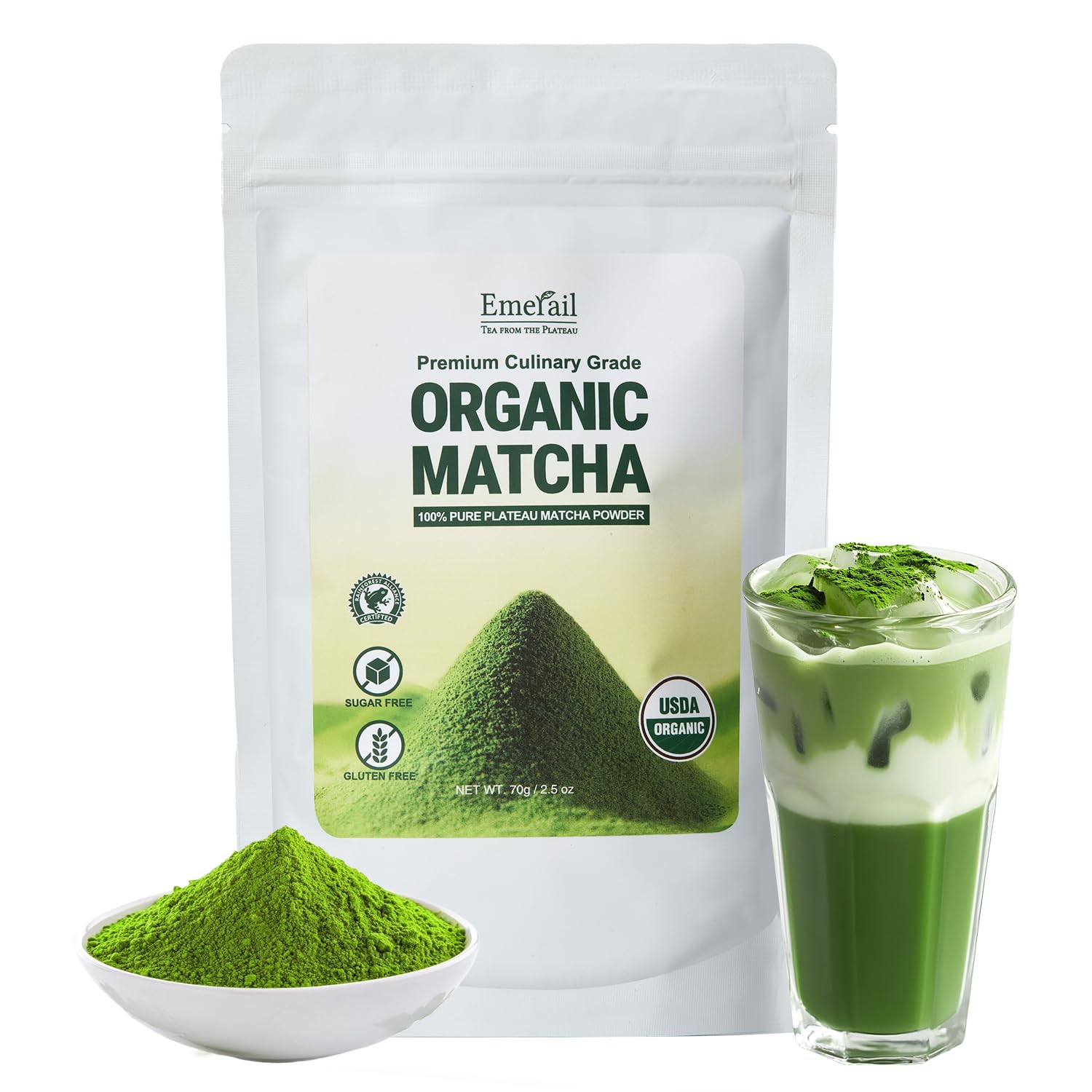 Emerail Organic Matcha Powder USDA-Certified Pure Matcha Green Tea Powder Premium Culinary Grade Perfect for Lattes Smoothies and
