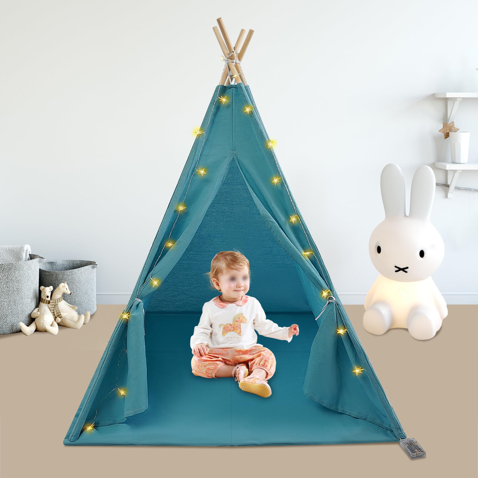 Tipi Tenda per Bambini con Tappetino e Catena Luminosa, Pieghevole in Cotone, Casetta Giocattolo 120 x 120 x 140 cm Blu