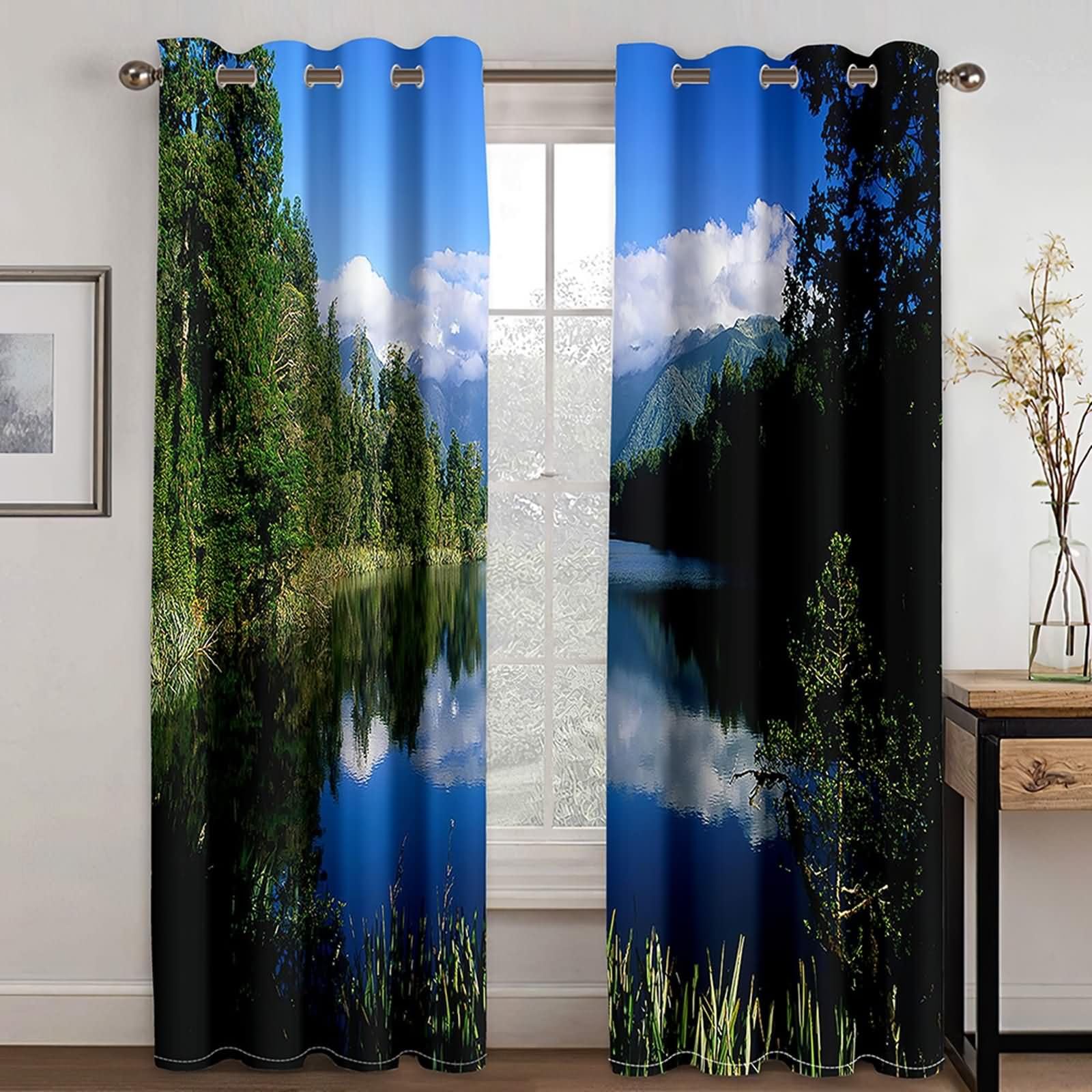 2 Panels Küchen Gardinen Blickdicht,2 x 234W x 229H cm,Vorhang Schlafzimmer mit Ösen Bergsee und Baumlandschaft Vorhänge Schlafzimmer Modern Blau Grün