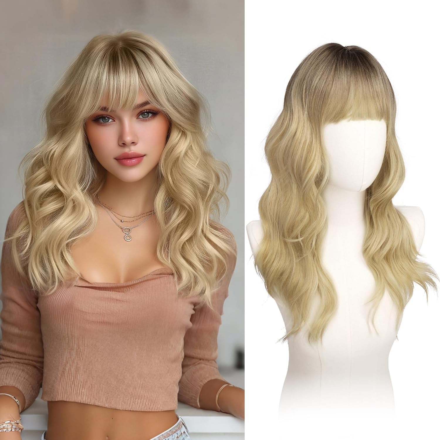 Haloo Blonde Wigs with Bangs - 20 Inch Long Soft Wavy Natural Looking Synthetic Heat Resistant Hair Wig for Women Daily Party, Ombre Blonde