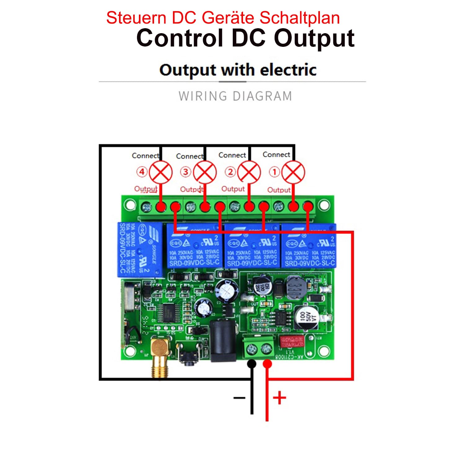 Interruttore telecomando senza fili DC 12 V 24 V 36 V DC 12 – 36 V 4 canali 433 MHz telecomando relè ricevitore con 2 trasmettitori per azionamenti lineari, motore porta del garage