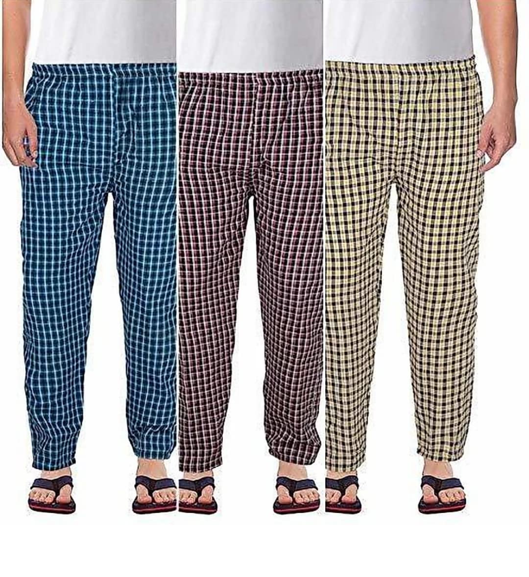 dream art gallery Men's Super Combed Cotton Checkered Checkmate Pyjamas | Elasticated Waist, Drawstring | Loungewear for Men (Pack Of 3)-picture-47
