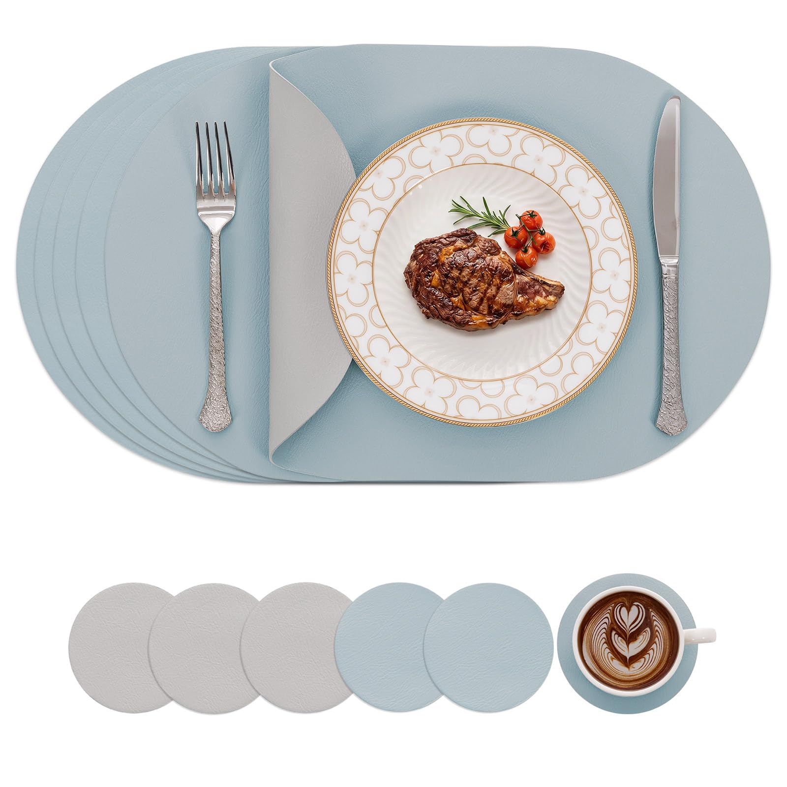 SHACOS Placemats Sets 6 Heat Resistant Leather Table Mats Non Slip Dual Sided Place Mats and Washable Coasters Waterproof Placemat for Dining Table Indoor Outdoor Lightgrey Blue