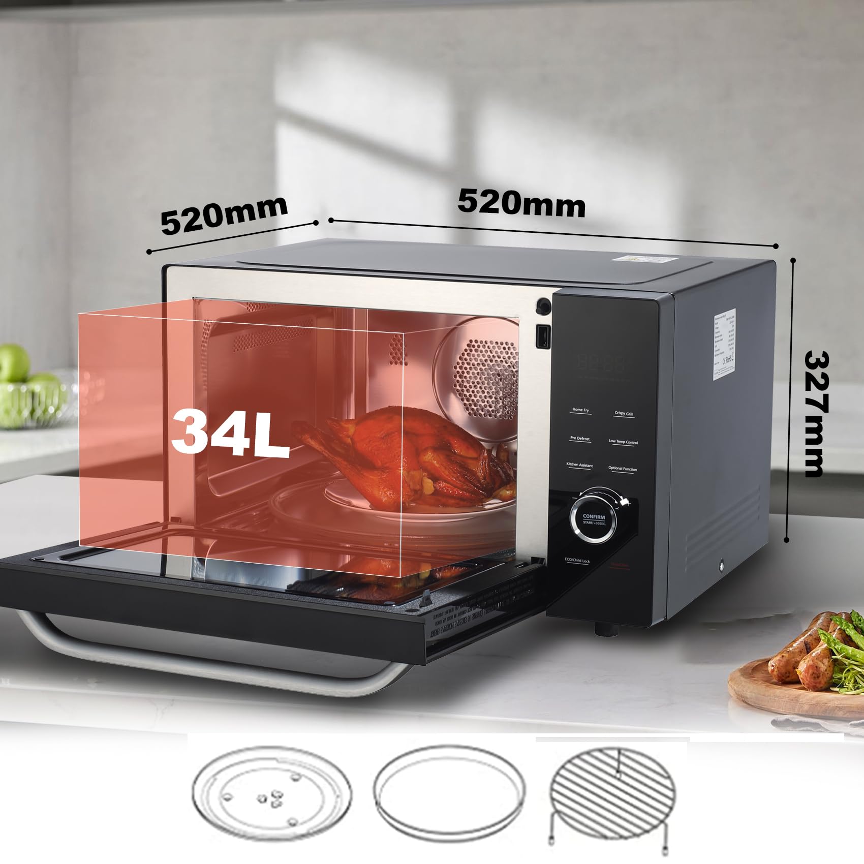 SMETA Four à Micro-ondes 34L Combiné Micro-ondes 1000W, Gril 2400W, Air Chaud 2400W, 10 Menus Automatiques, 6 Niveaux de Puissance, Fonction Combi, Fonction ECO et Désodorisation, Noir