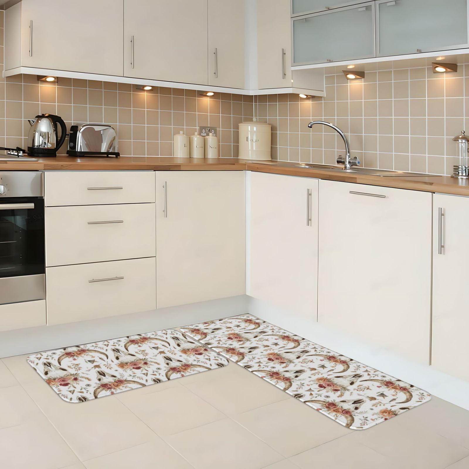 GVYGVY Antifatigue Kitchen Mats for Floor 2 Piece - Rose Sheep Skull Print Kitchen Rugs Washable, Non Slip Runner Rug Standing Mat for Office/Bathroom/Laundry/Home Decor and Accessories