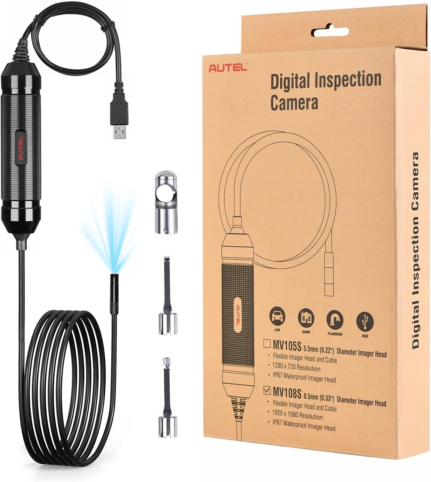 MaxiVideo MV108S USB Endoscope, Waterproof 8.5mm Imager Inspection Camera with Light, 1920x1080 HD 2MP Borescope for Autel Scanner & PC, Upgrade of MV108 MV105, Snake Camera with 1M Cable
