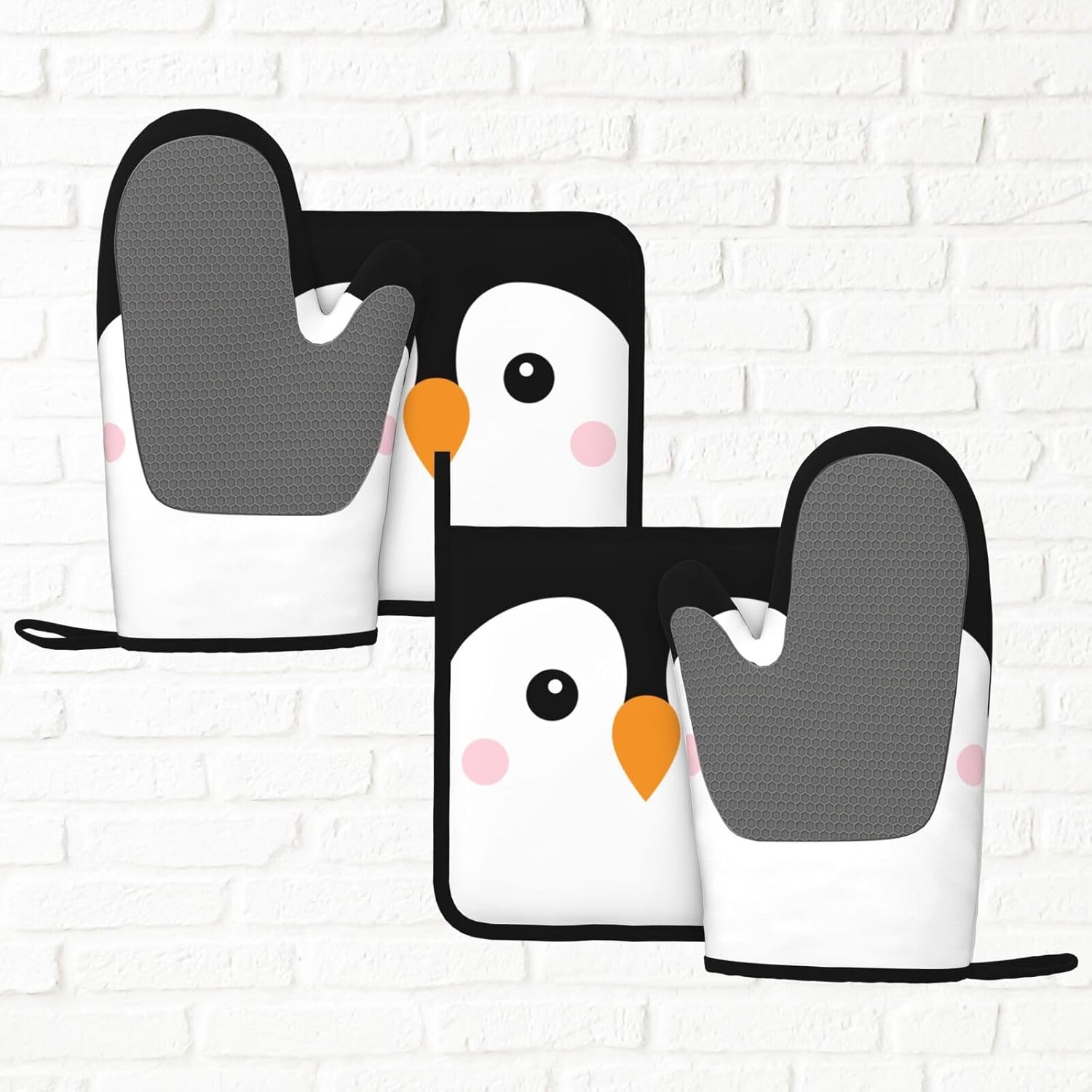 Novelty Funny Penguin Oven Mitts and Pot Holders Sets of 4, Heat Resistant Silicone Oven Mittens and Potholders Gloves Hot Pads for Kitchen Cooking Baking Grilling BBQ Chef