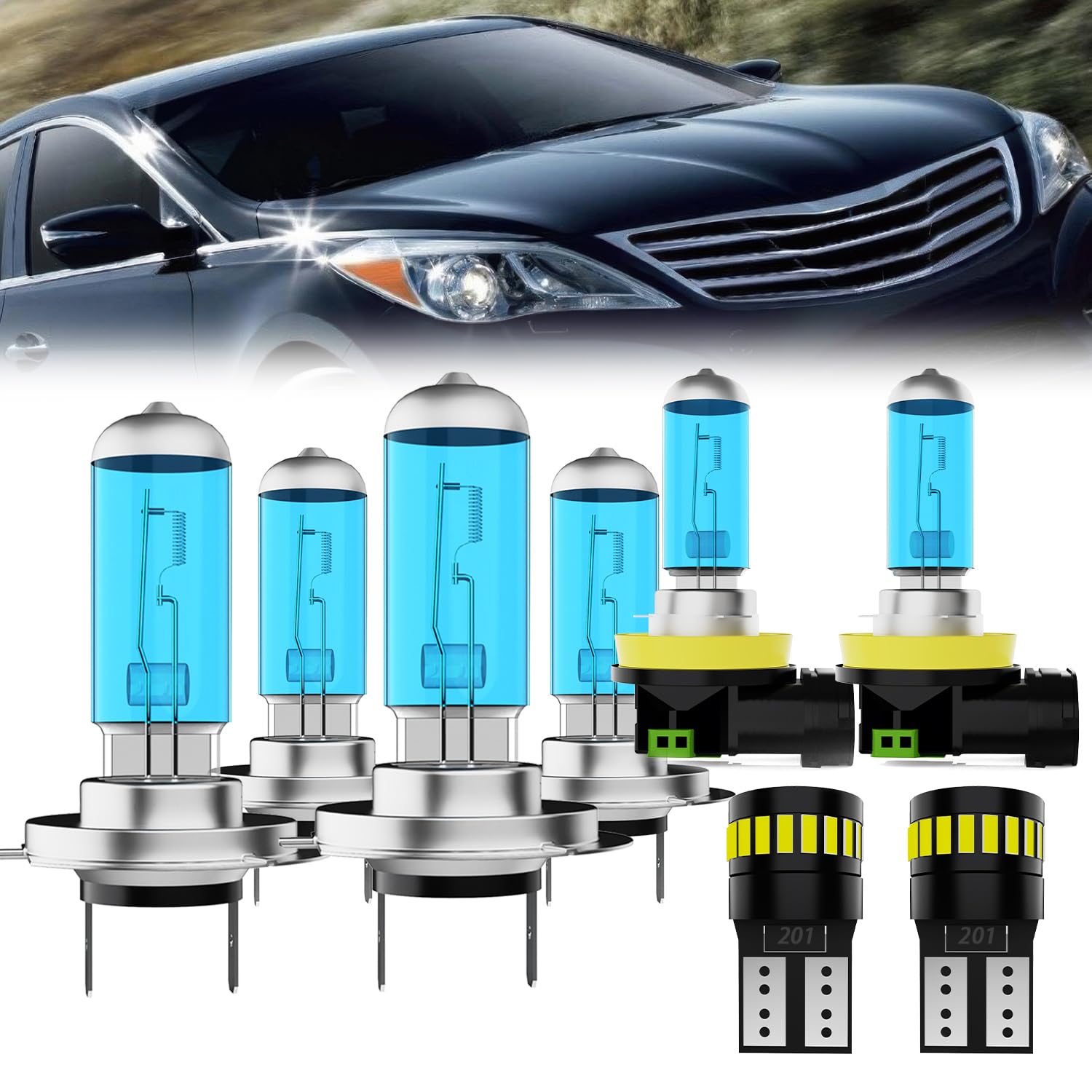 Headlight Bulbs License Plate Lights Fit For Hyundai Azera 2011-2014, H7 High Beam + H7 Low Beam + H11 Fog Lights Halogen Bulb + License Plate Lights, Pack of 8