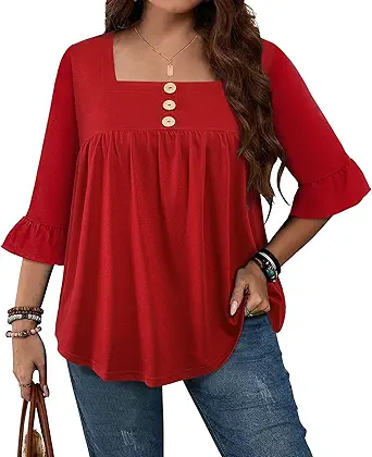 Plus Size Womens Blouses 3/4 Flutter Sleeve Square Neck Tunic Shirts Button Business Work Fall Tops 2025(XL-5XL)