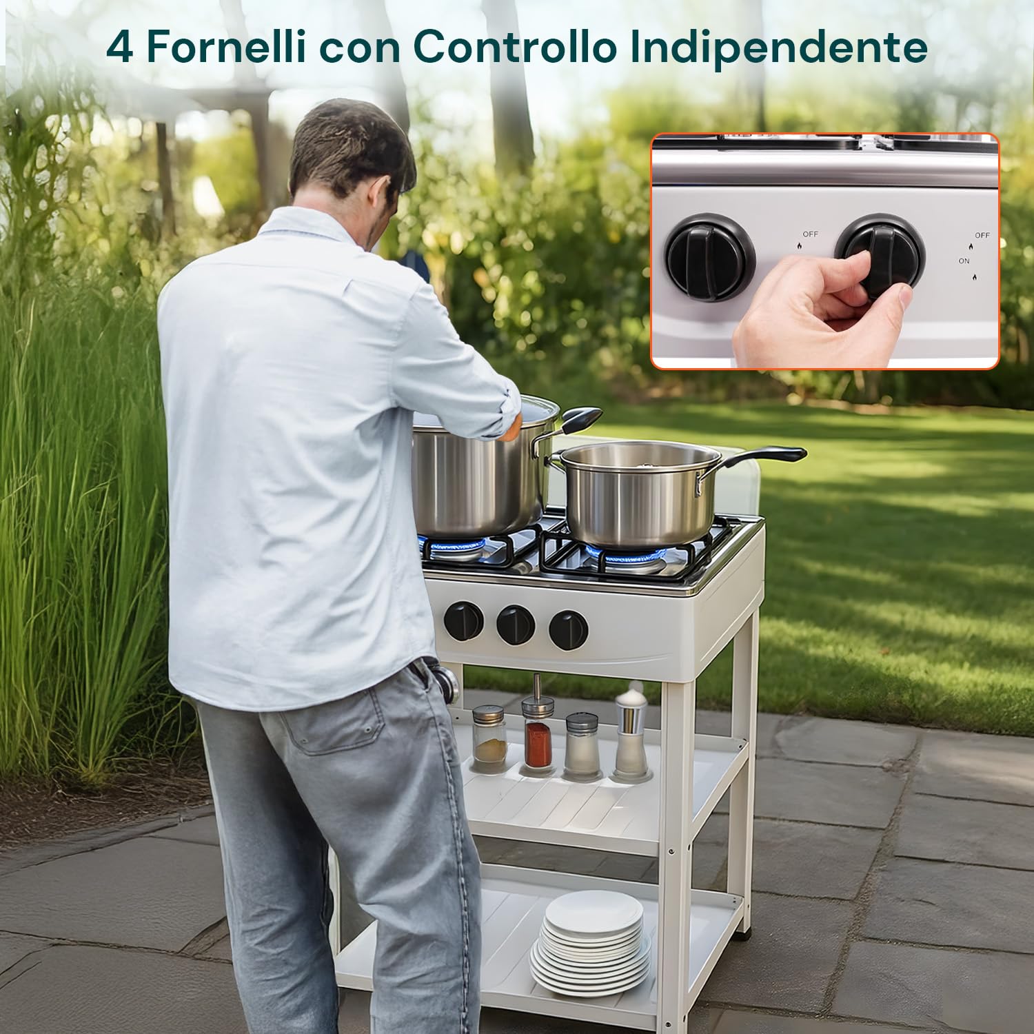 Avilia - Piano Cottura 4 Fuochi Gas per Esterno con Struttura Resistente in Metallo, Ripiani Laterali in Acciaio, Collegamento Bombola GPL, Ideale per Campeggio e Grigliate (Bianco)