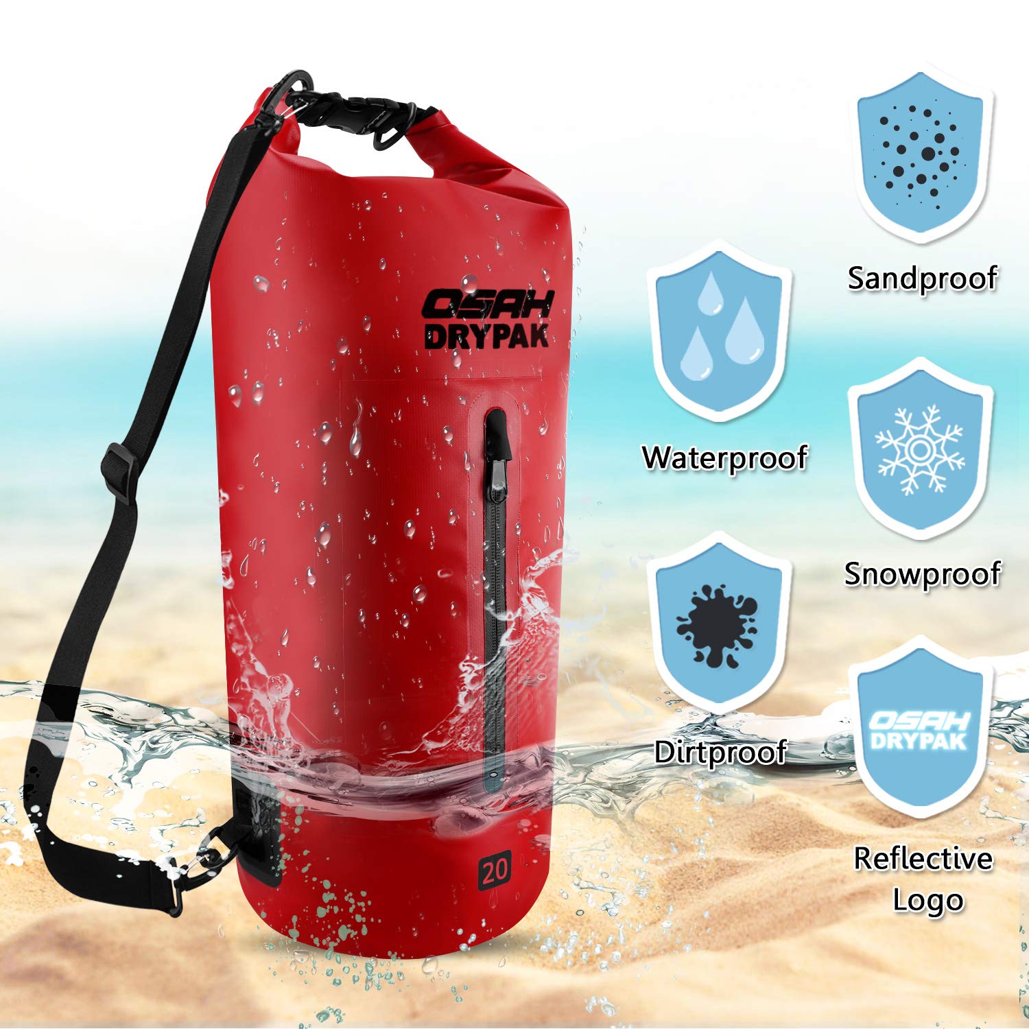 OSAH DRYPAK Borse Impermeabile Sacca Dry Bag 5L 10L 15L 20L 30L con Tracolla Regolabile per Spiaggia Sport d'Acqua Trekking Kayak Canoa Pesca Rafting Nuoto Campeggio