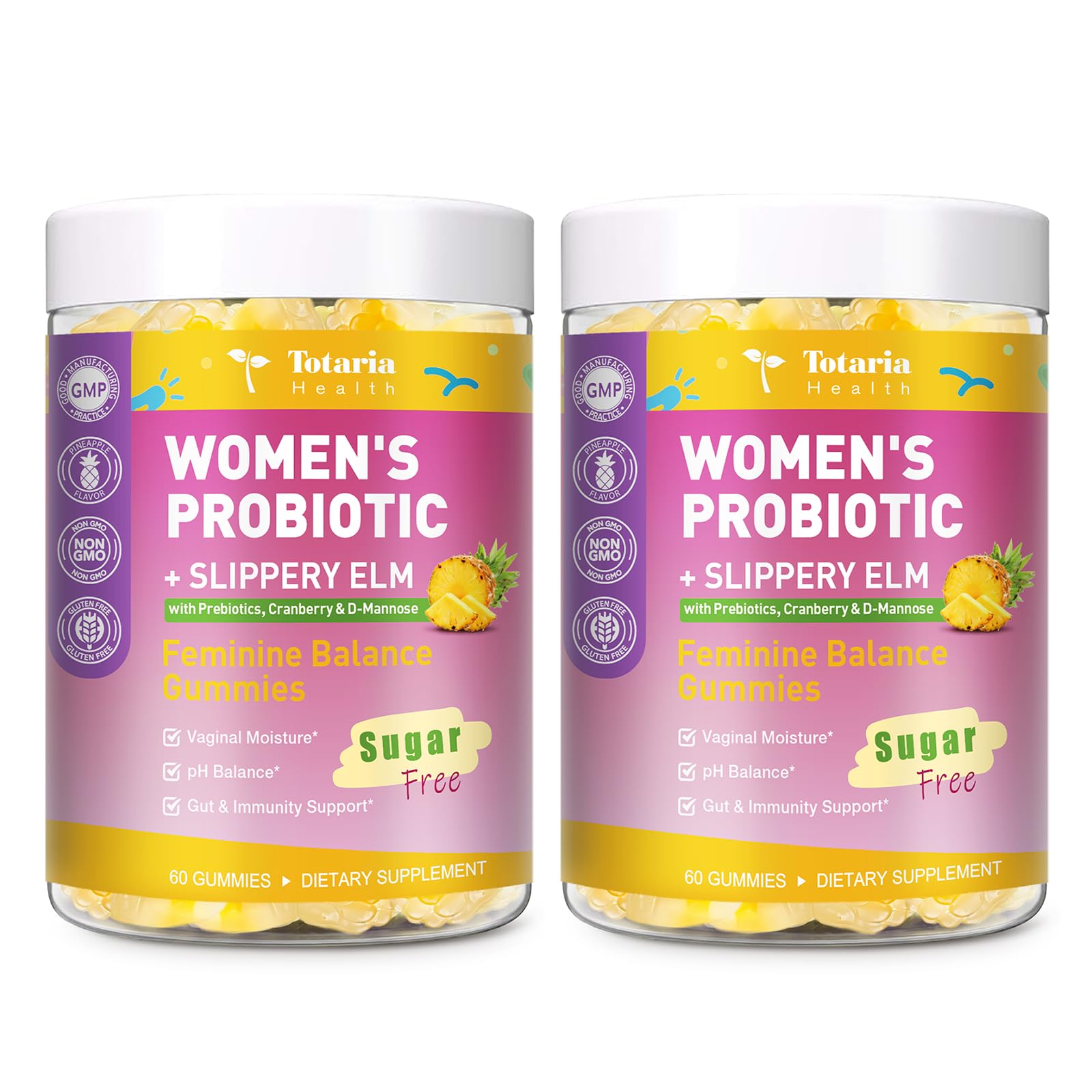 2PCS 9-in-1 Sugar Free Feminine Probiotics Gummies - pH Balance, 50 Billion CFU Vaginal Probiotic Gummies w/ Prebiotic, Slippery Elm, Cranberry, for Vaginal, Urinary Tract, Gut, Hawaiian Pineapple Pineapple 60 Count (Pack of 2)