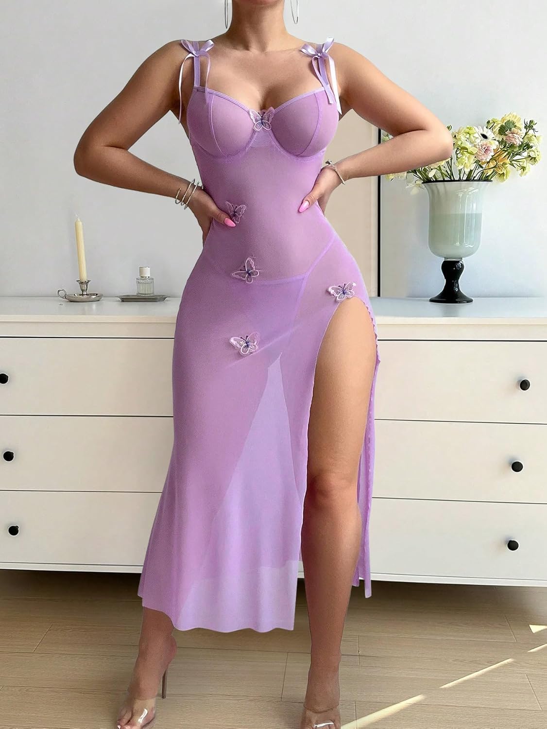Foxiny Sexy Butterfly Split Leg Underwire Sheer Mesh Maxi Lingerie Dress with Thong 2 Piece Set