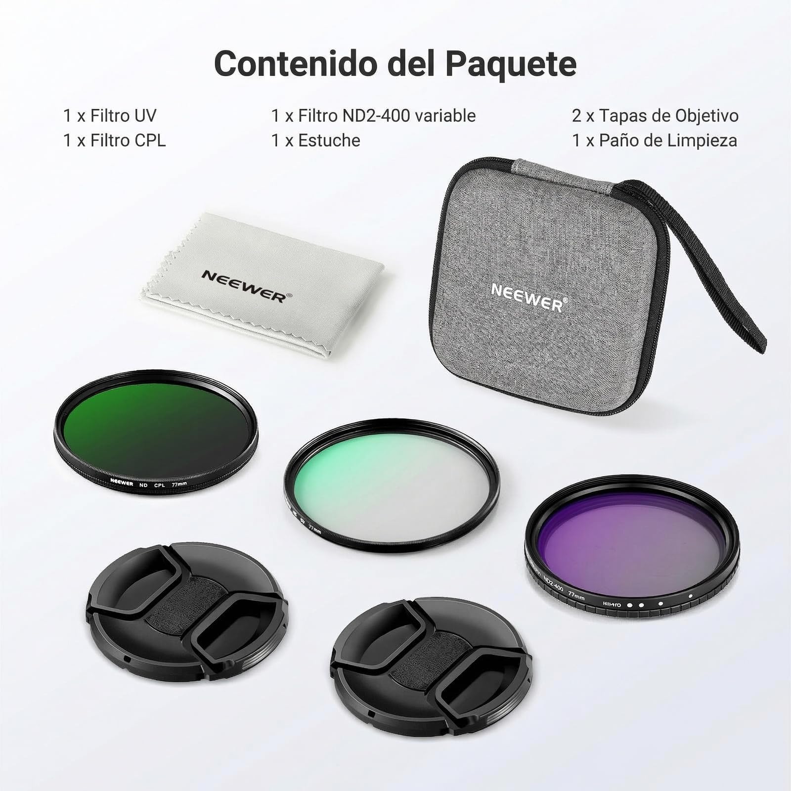 NEEWER 77mm Variable ND + CPL + UV Filtro Kit (3 Pack), Multicapa Densidad Neutra (ND2-400) Polarizador Circular Filtro Objetivo Cámara, Accesorios de Fotografía con Estuche Transporte y Tapas Lentes
