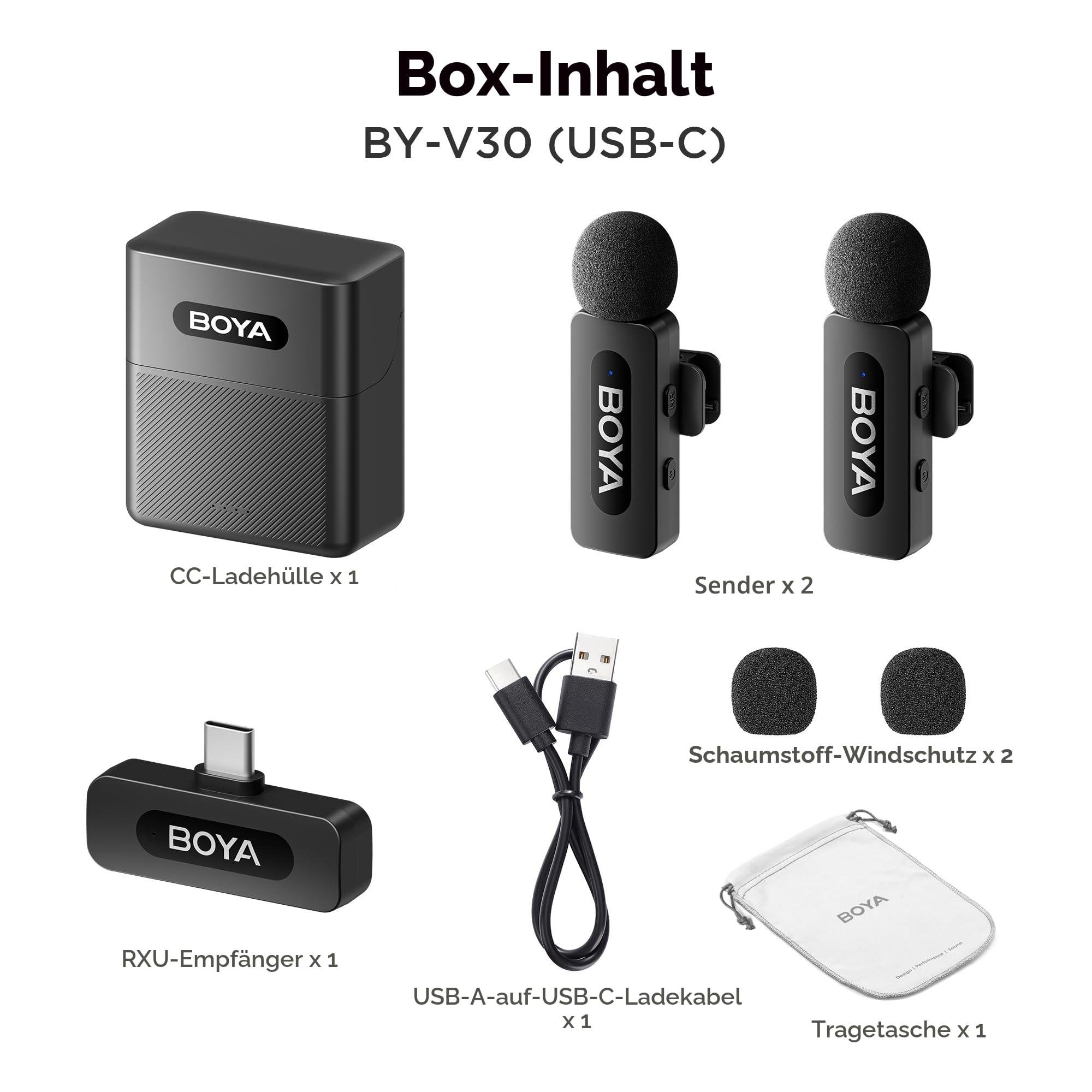 BOYA BY-V30 Mini Kabellos Lavalier Mikrofon 2 Pack 100m Reichweite USB C für Podcast Live Stream