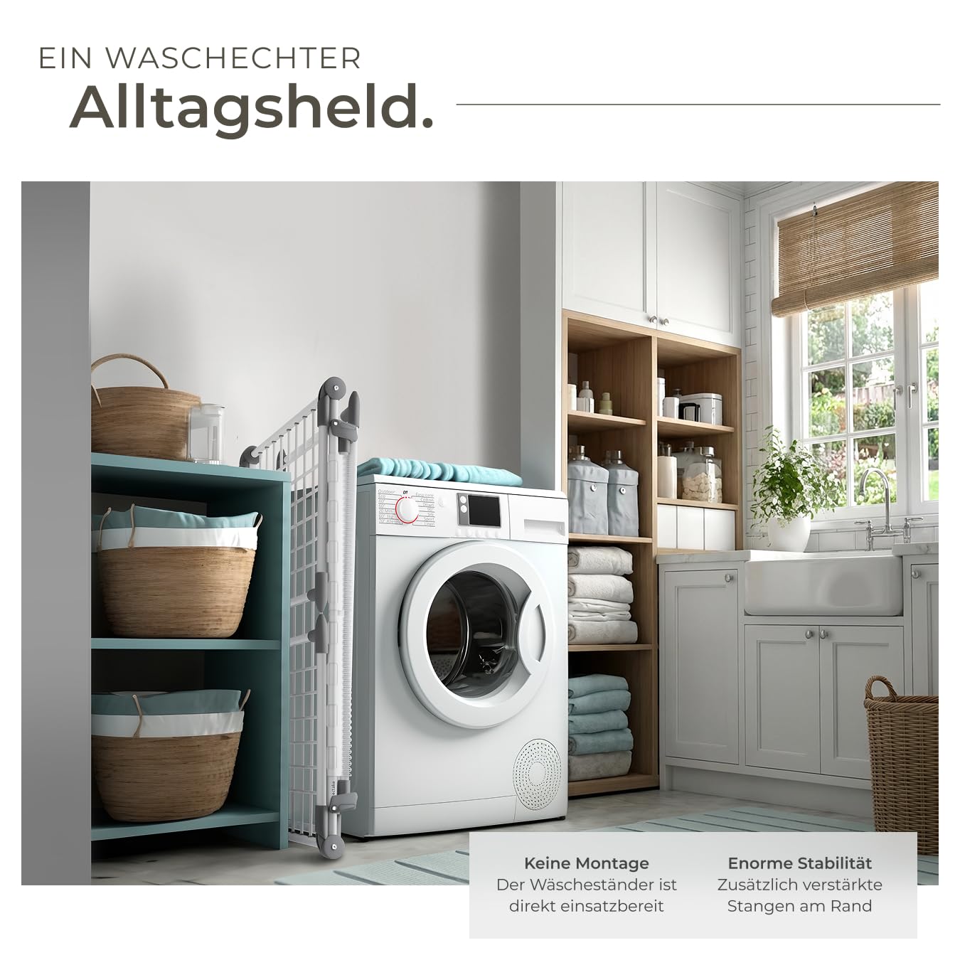 tectake® Wäscheständer XXL standfest, klappbar, 18 m Trockenlänge auf 25 Stangen, Wäschetrockner Ständer mit 2 Kleinteilehaltern, Flügel Wäscheständer mit erhöhten Seitenteilen für Lange Teile - weiß - Image 8