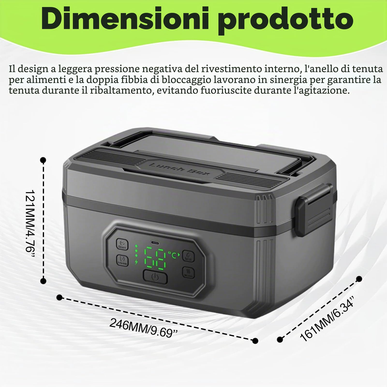 Contenitore per il pranzo elettrico con batteria, portatile, riscaldato, per adulti, ricaricabile, elettrico, autoriscaldante, con controllo del tempo e funzione di mantenimento del calore, per