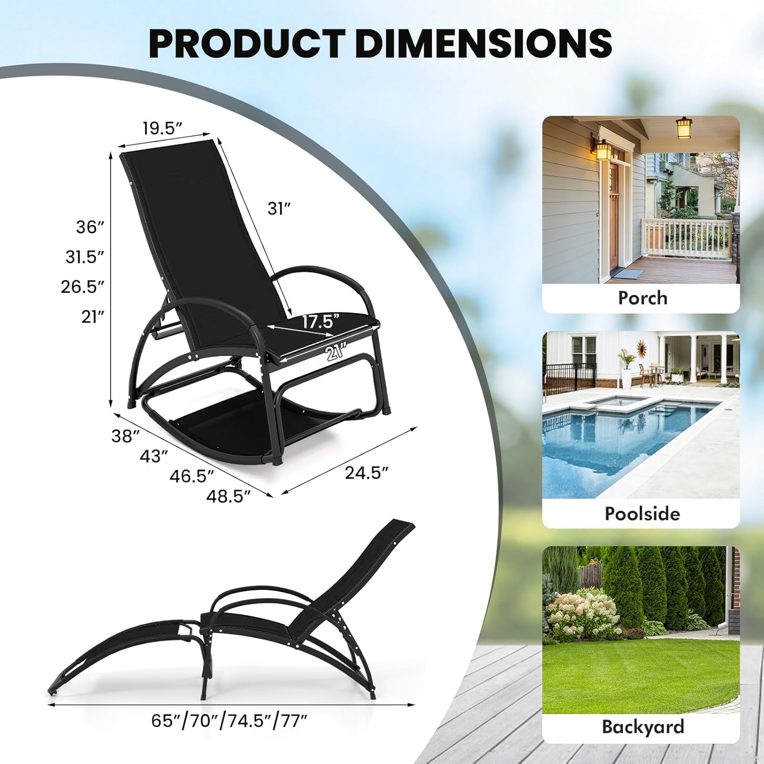 Giantex 2-in-1 Outdoor Rocking Chair, Convertible Lounge Chair with 4-Position Adjustable Backrest, Curved Armrests, Lightweight Aluminum Frame, Patio Lounger Rocker for Porch, Poolside, Black