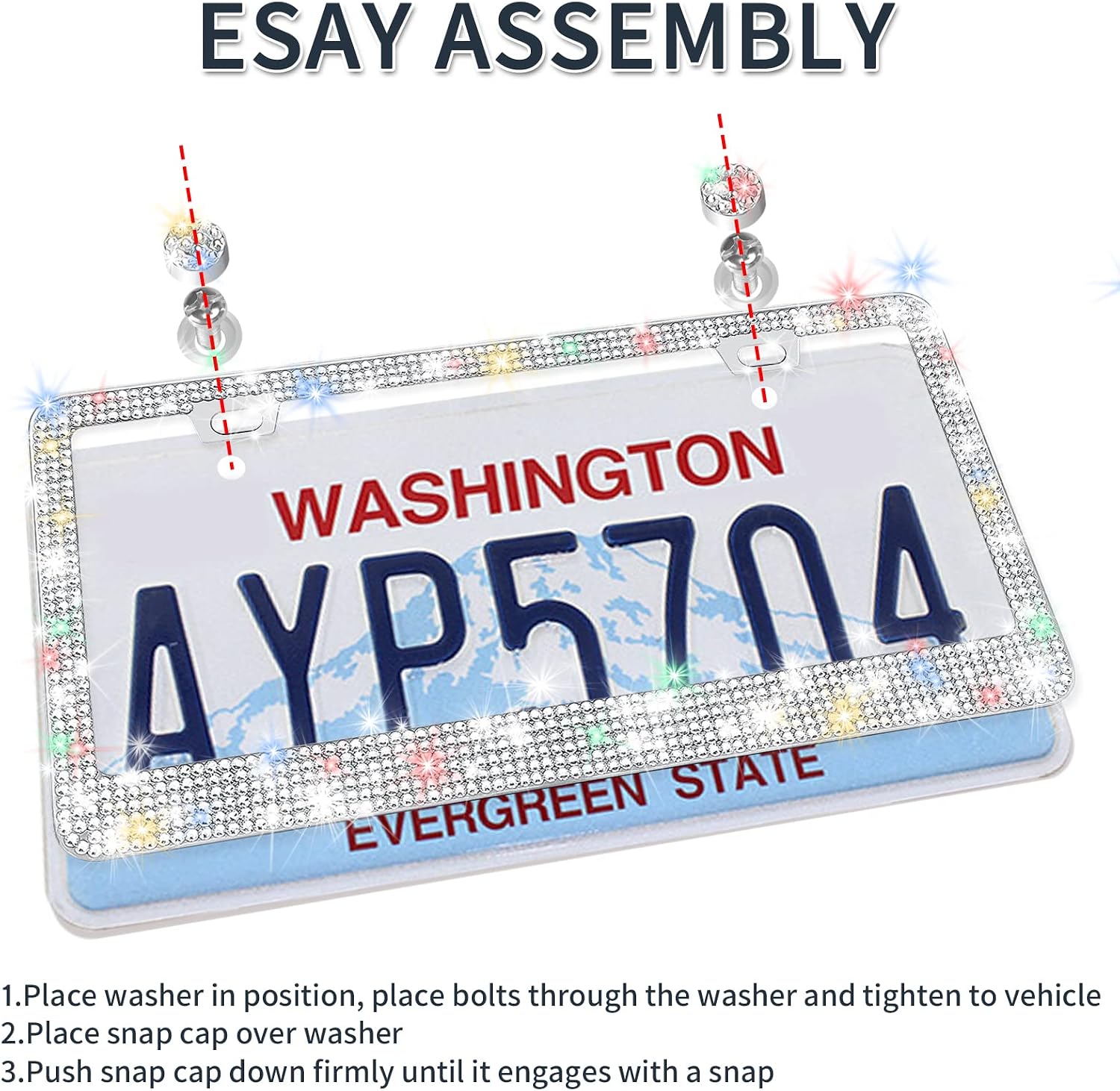 Glitter License Plate Frame, 2 Pack Sparkly License Plate Frame, Diamond Tag Plate Frame Stainless Steel with Glitter White Cap Set