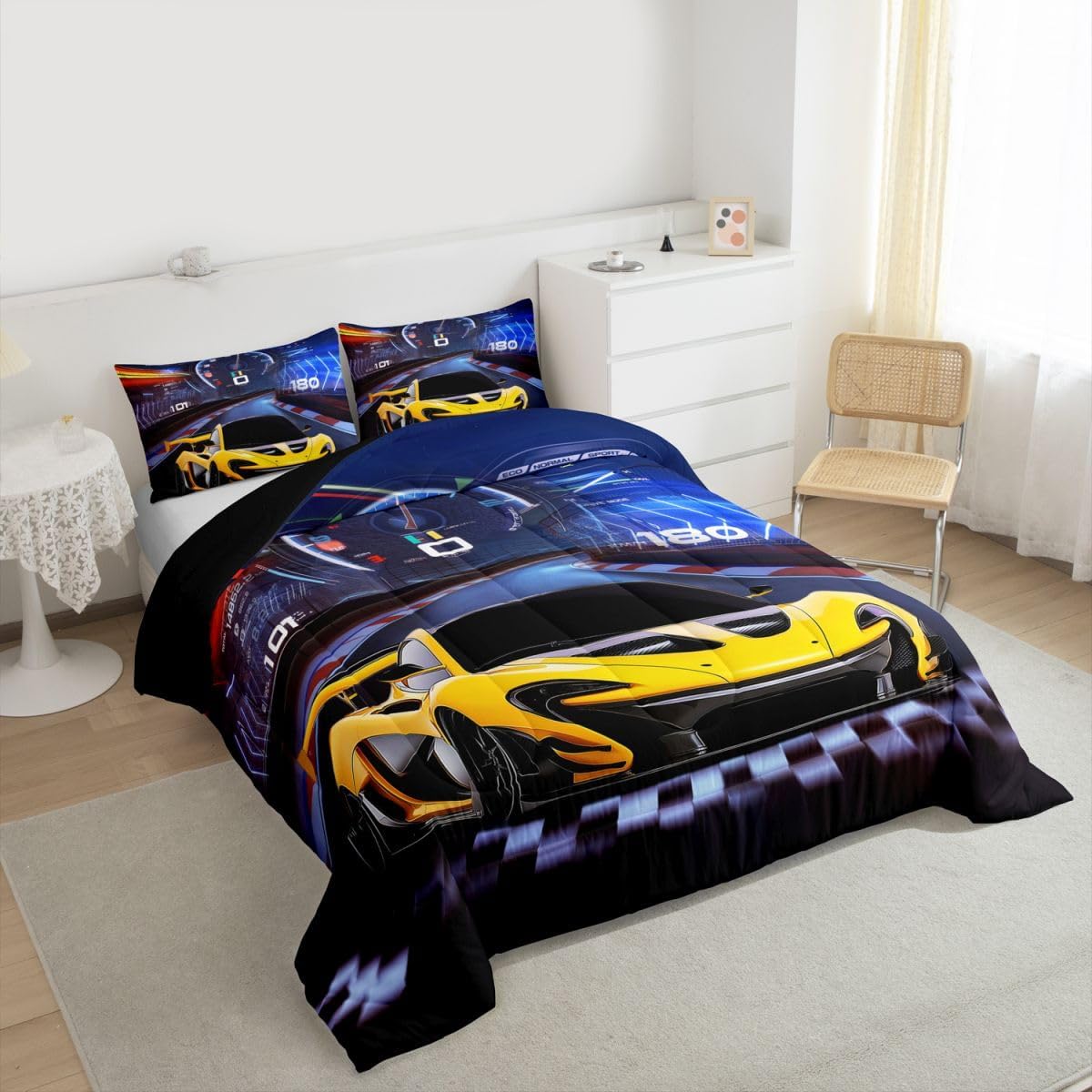 Feelyou Blue Yellow Sports Bedding Set - Race Car Comforter Set for Kids - Twin Size with 1 Comforter Set and 1 Pillowcase