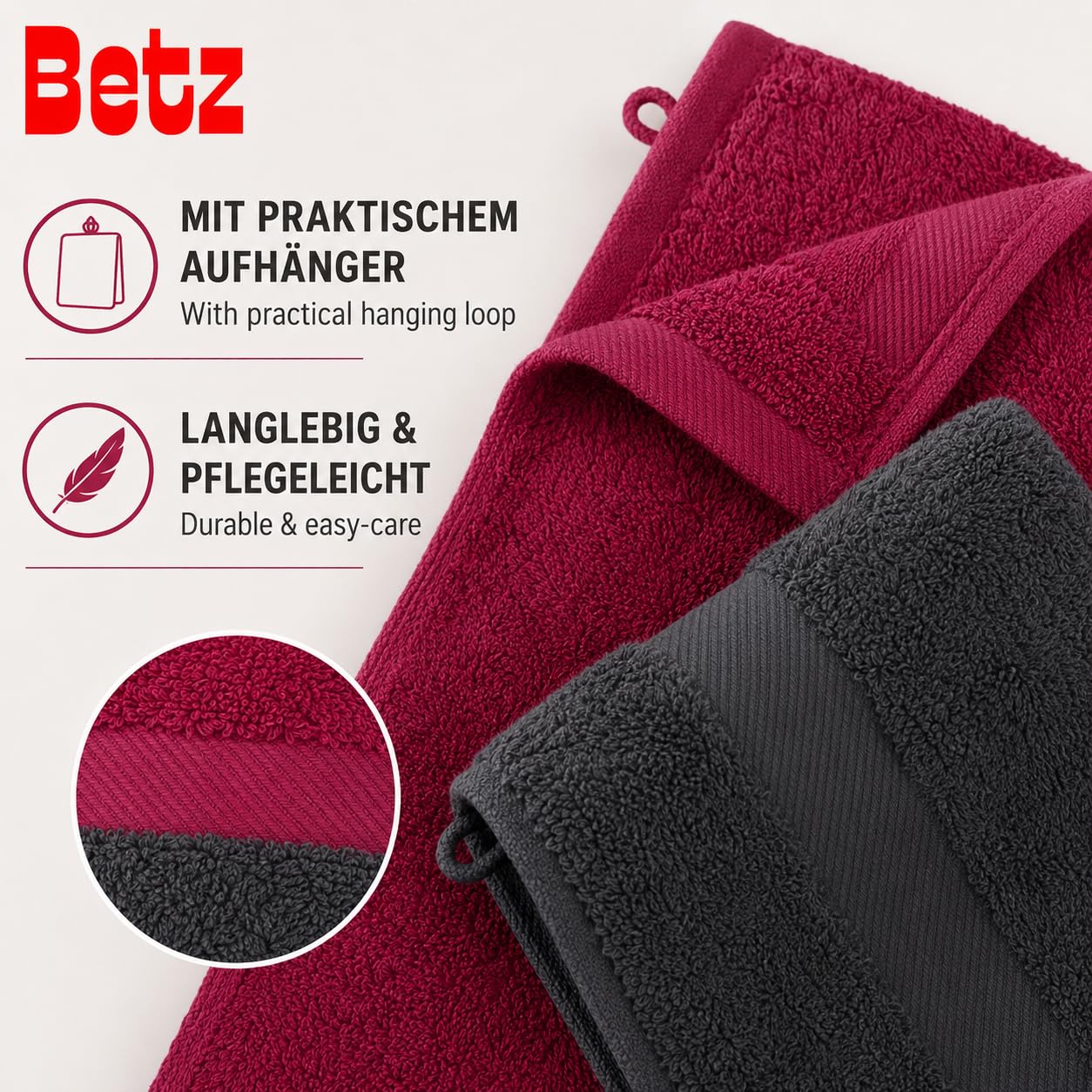 Betz 12-TLG. Handtuch-Set Palermo 100% Baumwolle 2 Liegetücher 4 Handtücher 2 Gästetücher 2 Seiftücher 2 Waschhandschuhe Farbe Cranberry und anthrazit